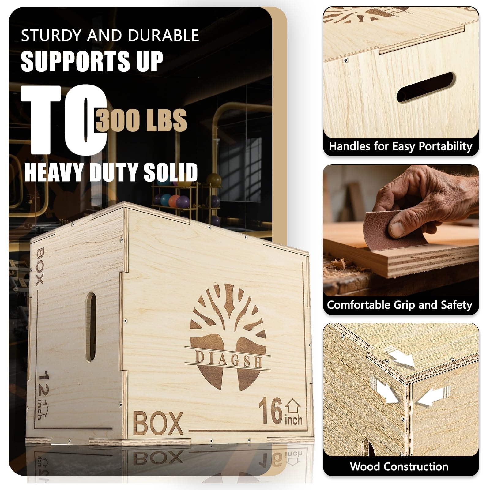 Plyo Box - Plataforma pliométrica de madera 3 en 1 (20 x 16 x 12 pulgadas) para entrenamiento de gimnasio en casa, ideal para saltos, sentadillas y acondicionamiento, 1 pieza