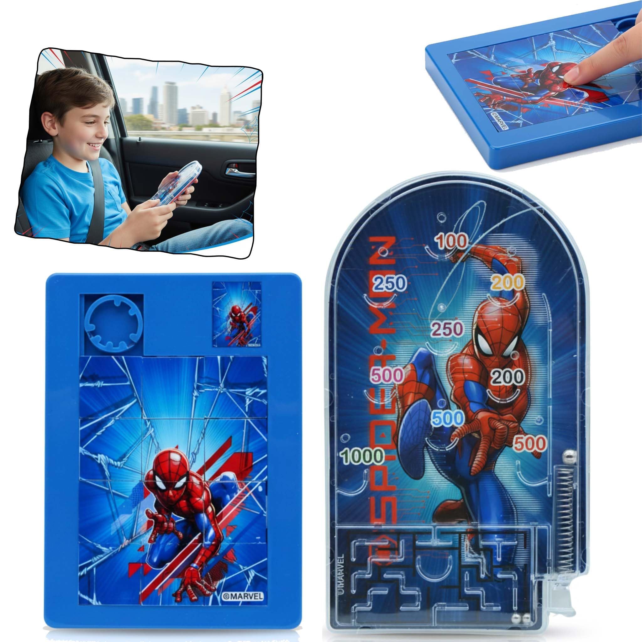 SRV Hub Spiderman Puzzle & Pinball Game Set – 16pc Sliding Brain Teaser & 16cm Handheld Pinball Toy for Kids 3+ Years – Educational Travel Games, Stocking Fillers, Party Bag Favour Gifts Boys Girls