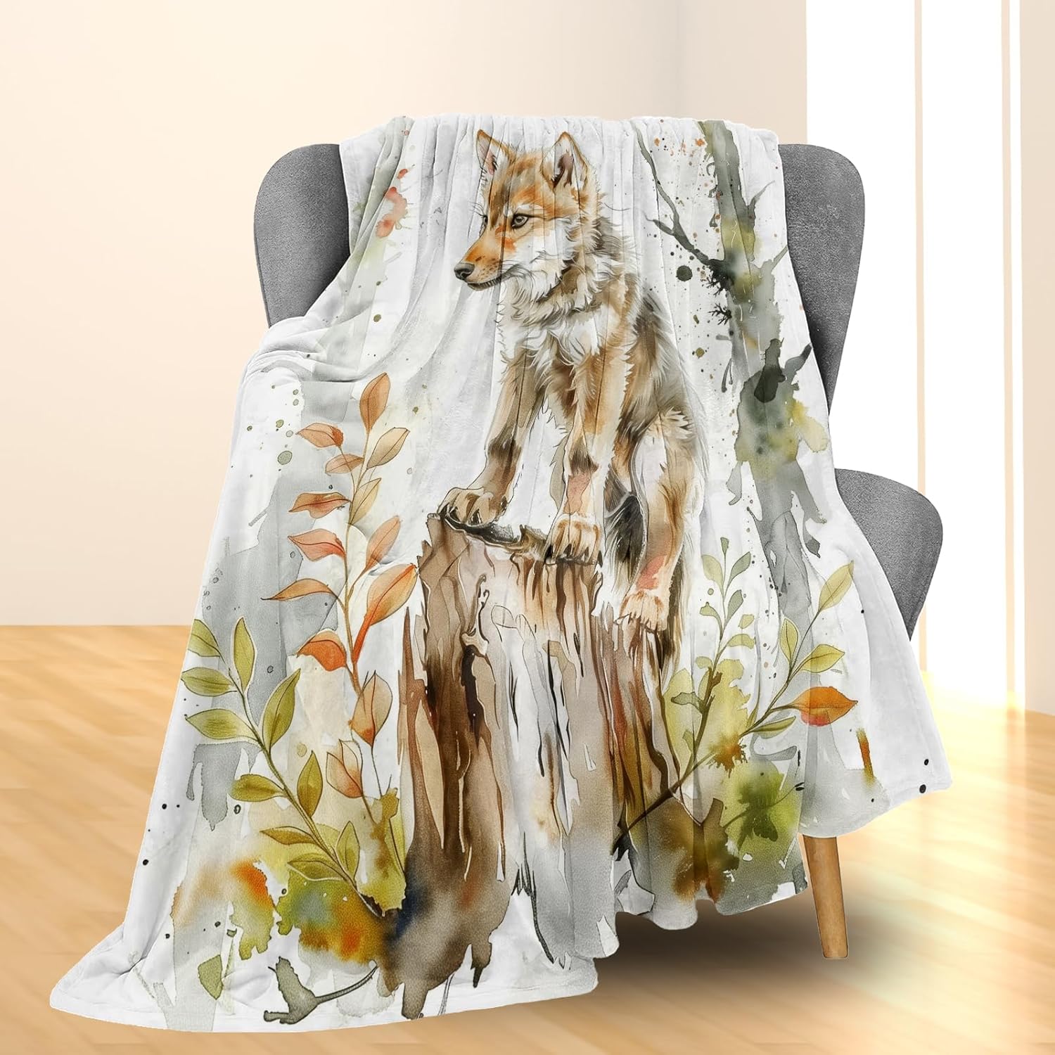 Cute Wolf Blanket - Soft, Lightweight Flannel, Fuzzy and Fluffy Throw Blankets, for Couch, Bed, Travel, Outdoor - Cozy Home Decor, Watercolor Art for Adults Kids Women Boys Girls 60×50 in - Image 2