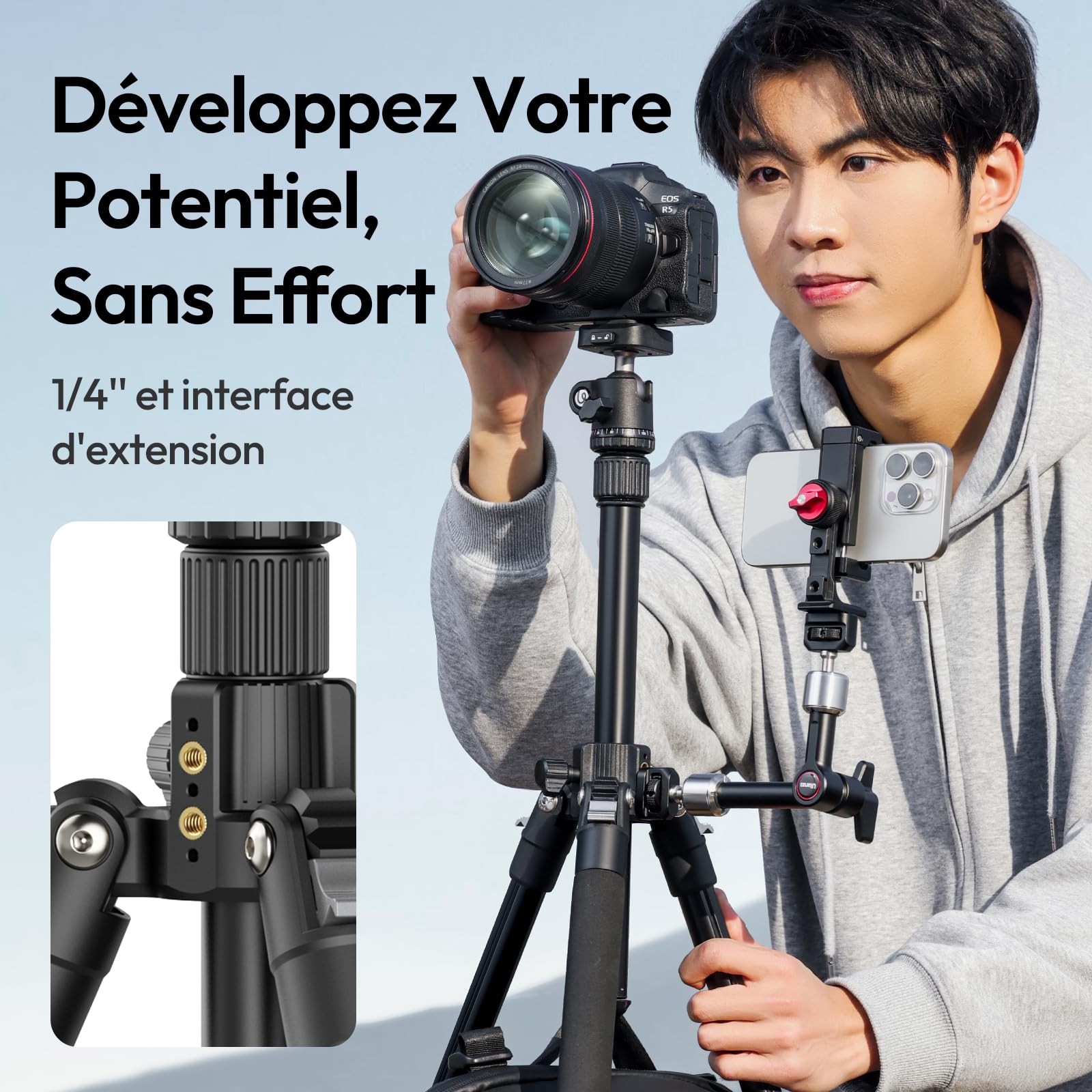ULANZI TT53 Trépied de Voyage en Aluminium avec rotule panoramique à 360° et rlocation Rapide Uka, trépied photograhy avec Colonne Centrale Amovible, Hauteur maximale 180CM, Seul 1.24KG pour Tous Les