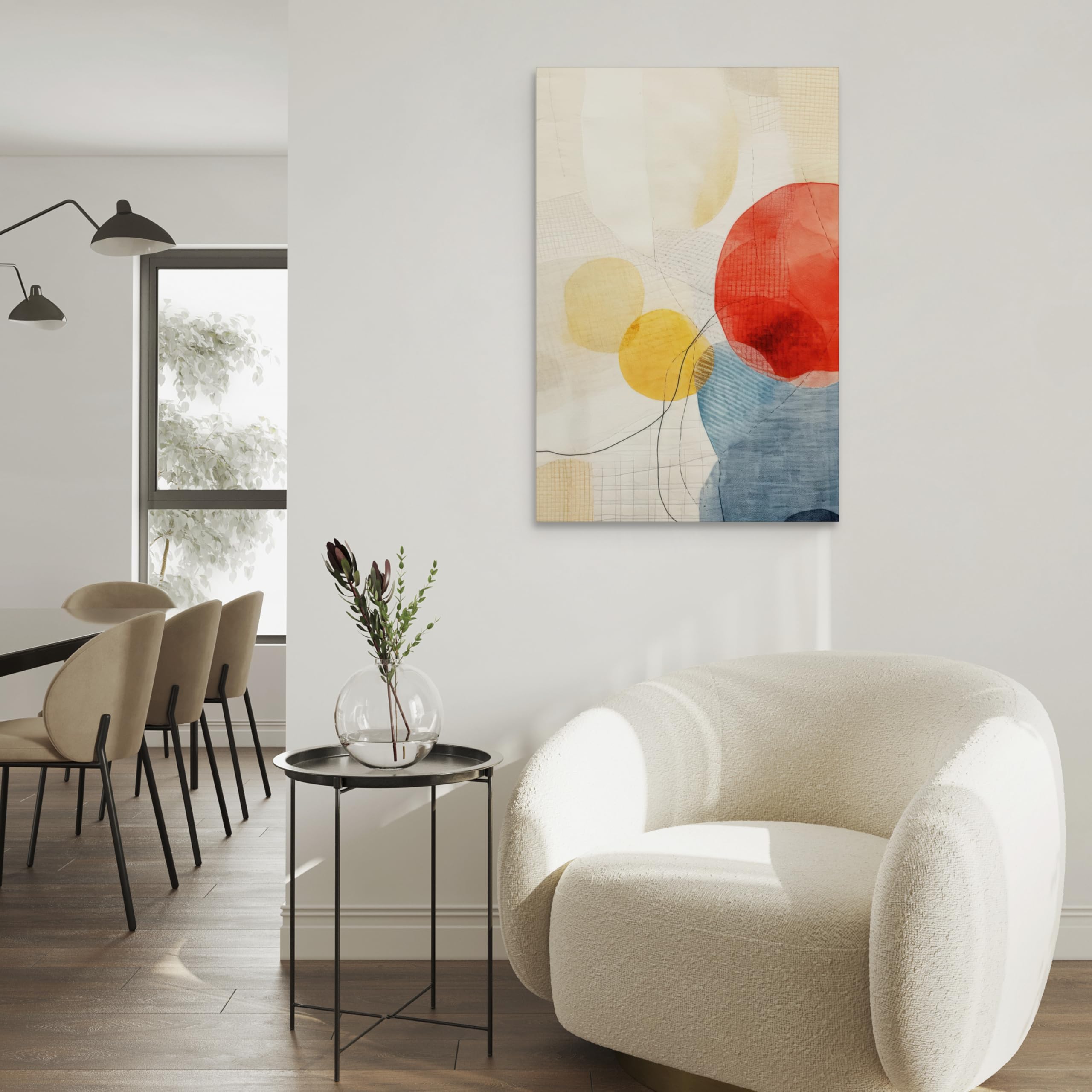 WALLERO Cuadro en lienzo Boho círculos y bocetado líneas – Decoración de pared moderna e impresión artística | Cuadro para salón dormitorio cocina recibidor 40x60 cm