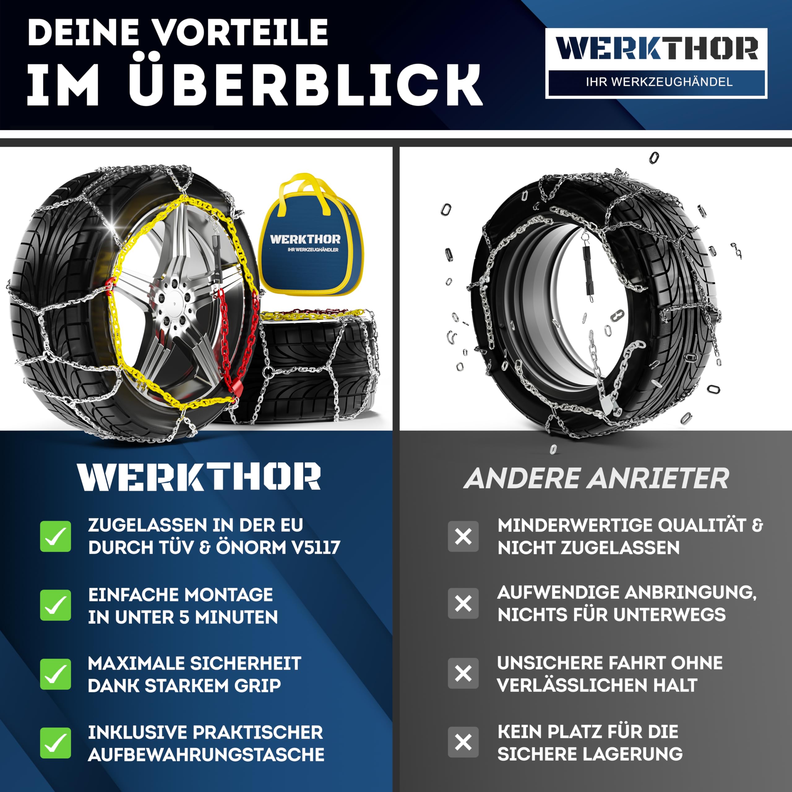 WERKTHOR 2 x łańcuchy śniegowe, dopuszczone do użytku w samochodach osobowych, łatwy montaż i optymalna przyczepność, łańcuch śniegowy z metalu, do opon o różnych rozmiarach (WT 110)