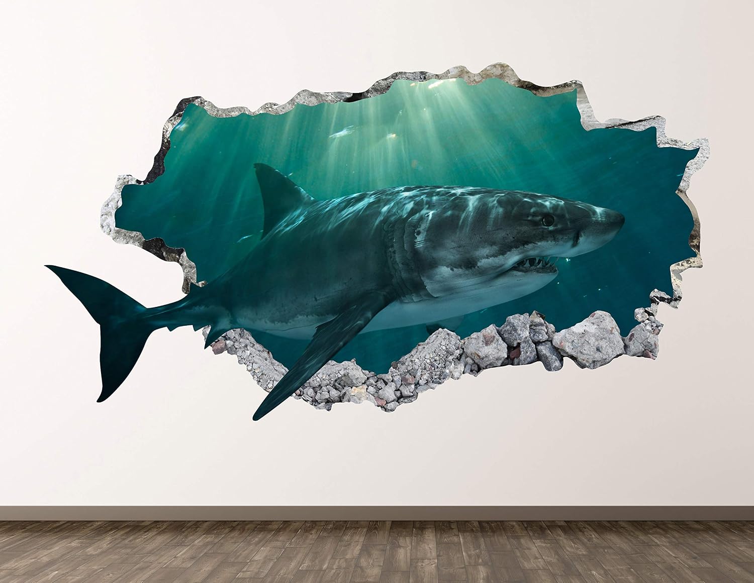Shark Wall Decal Art Decor 3D Smashed Great Wild Ocean Life Sticker Poster Kids Room Mural Custom Gift BL864 (30"W x 18"H)