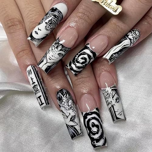 KKUUOO Uñas postizas largas a presión, uñas postizas negras y blancas, uñas postizas cuadradas con diseño de estilo anime, uñas acrílicas brillantes