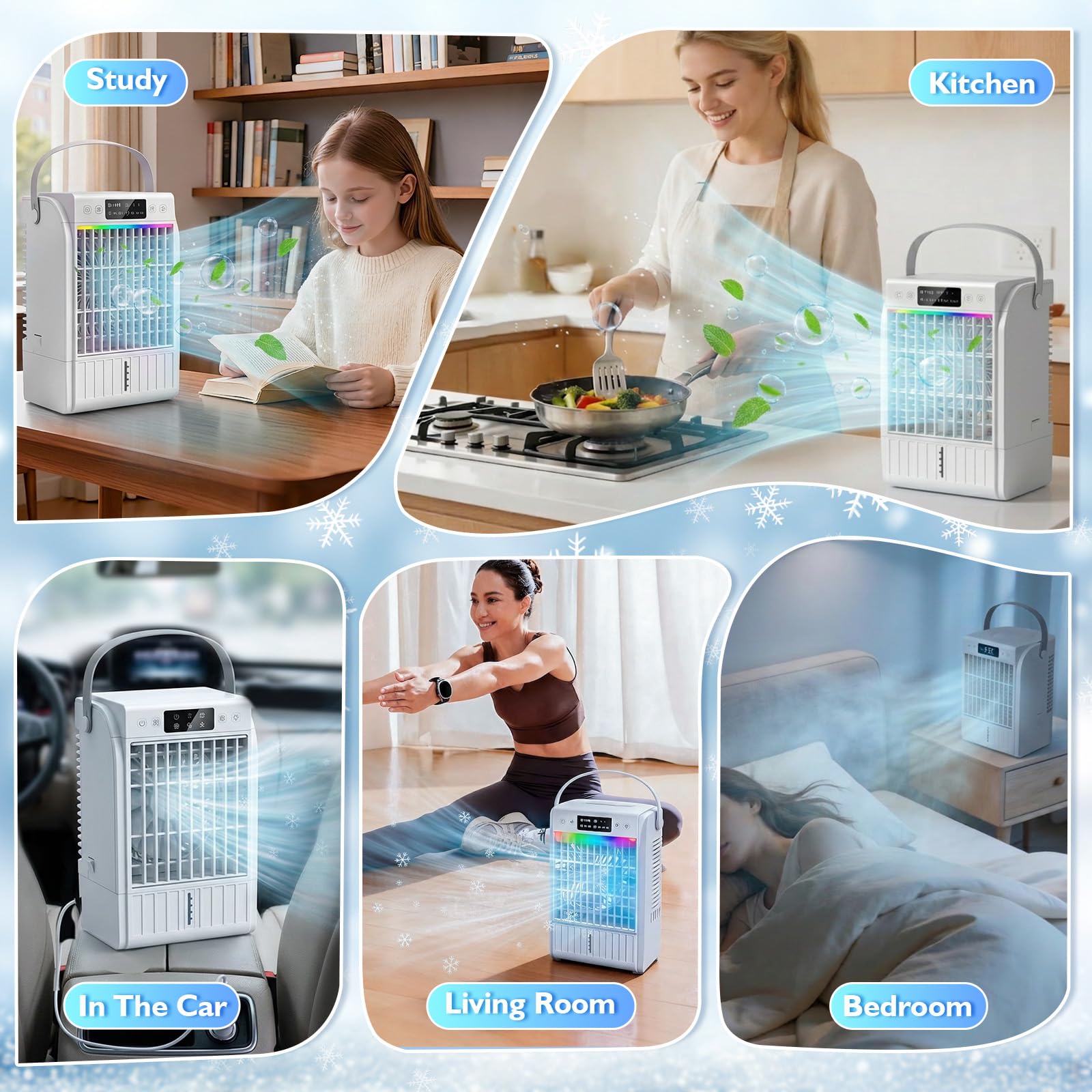 JONRRYIN Mini klimatyzator przenośny 4 w 1, mały klimatyzator z pilotem zdalnego sterowania, zbiornik na wodę 1500 ml, 4 prędkości, 2 tryby mgły, światło RGB, timer, wentylator z chłodzeniem wodnym