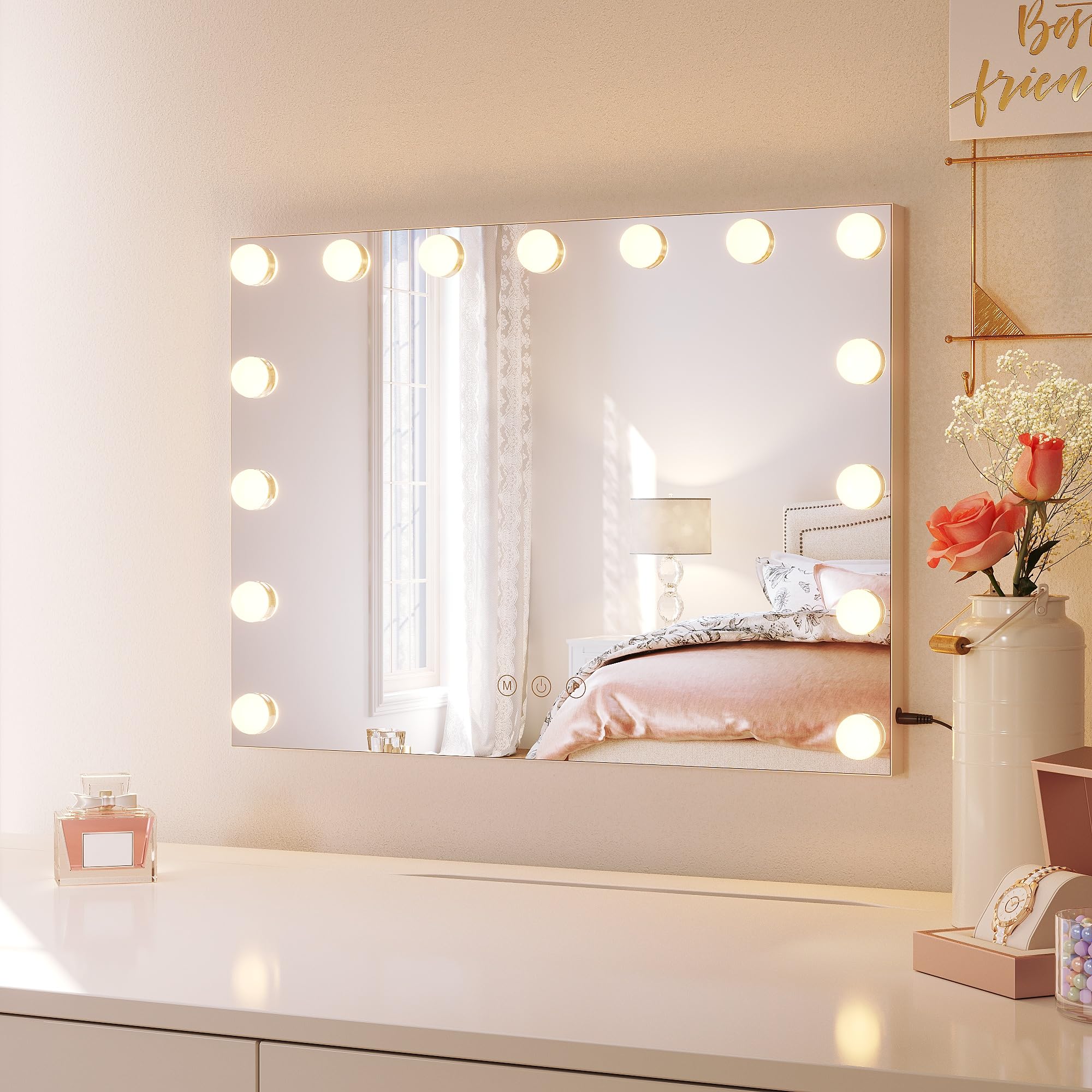 SONNI Lustro Hollywood z oświetleniem z 15 przyciemnianymi lampami LED i funkcją pamięci o temperaturze barwowej i jasności, lusterko do makijażu z oświetleniem z 3 kolorami, duże lustro stołowe