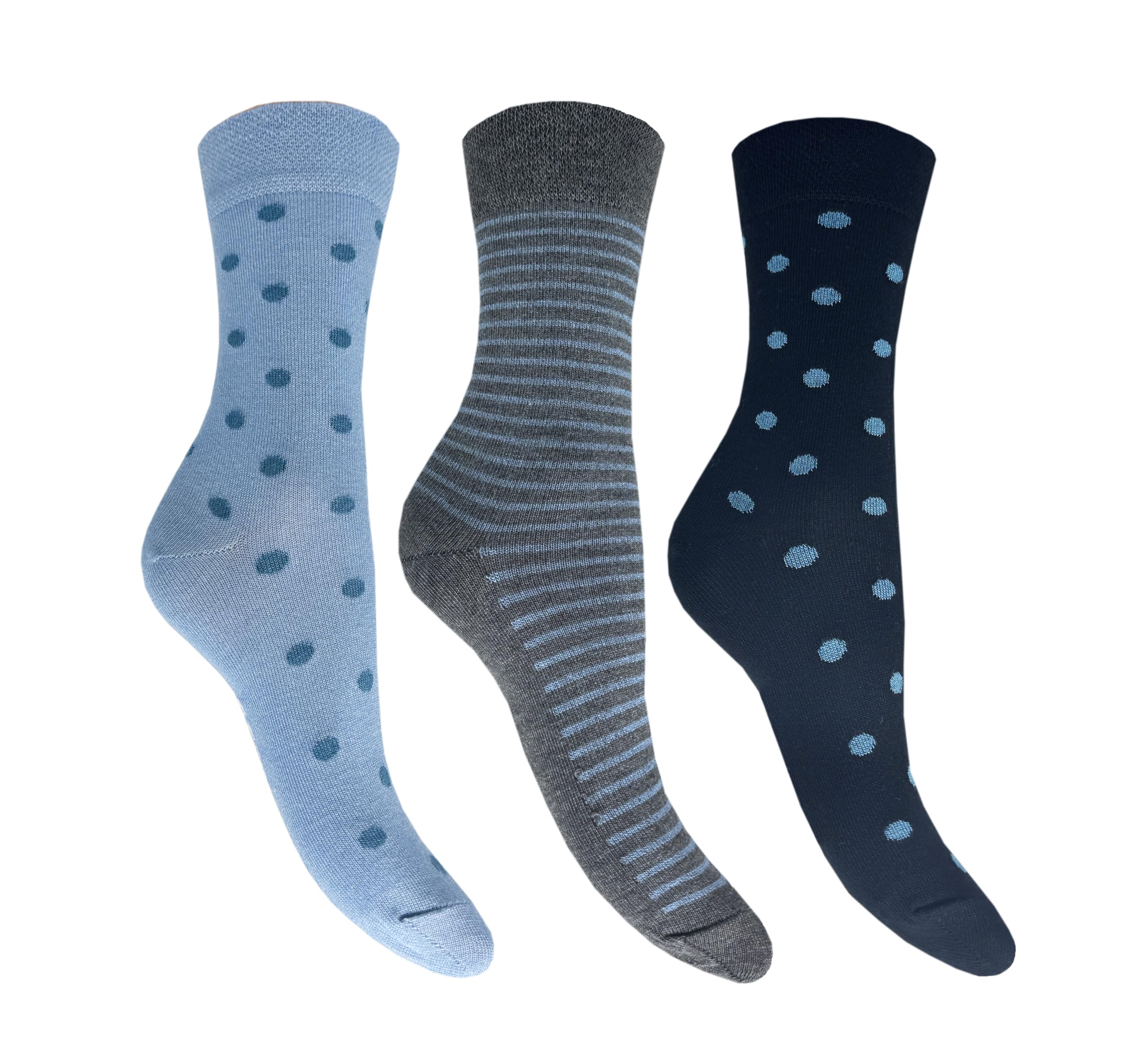Flexitop Ladies - Bamboo Design Socks | 3 Pairs | U.K. Size 3-8 | Ladies Blue/Grey/Stripe/Spot Design Socks, soft hold, comfort, gentle hold, bamboo, cushioning socks