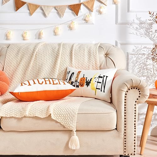 Miniatura 4 de Alysheer Funda de almohada decorativa de otoño con bordado de Halloween, 12 x 20 pulgadas, funda de cojín de lona de algodón bordada naranja con