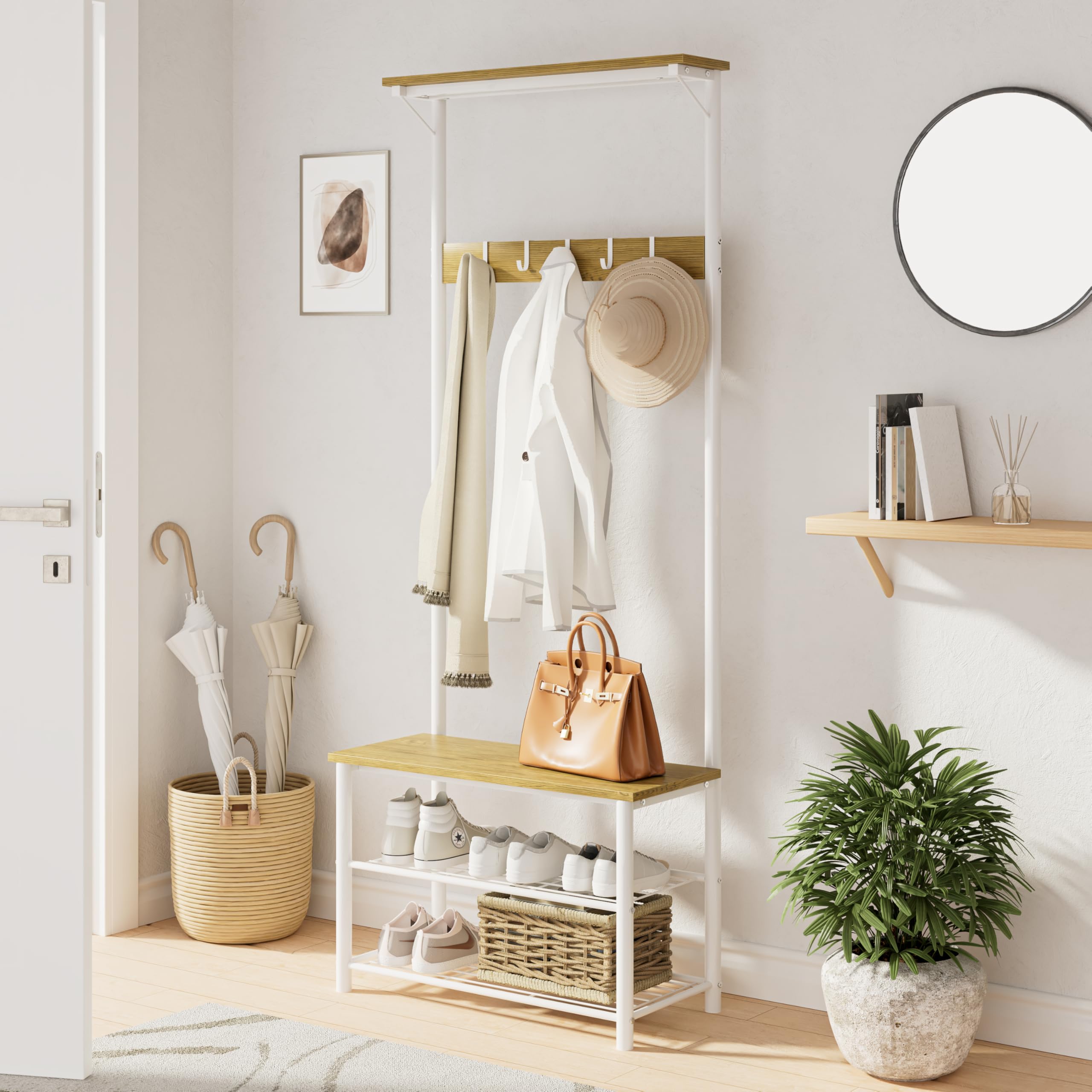 HEYZOEY Coat Stand, Coat Rack with Shoe Storage, 3-in-1 Freestanding Wooden Coat Rack with Shoe Bench and Rack, 3-Tier Shelf and 4 Removable Hooks, White(Upper)