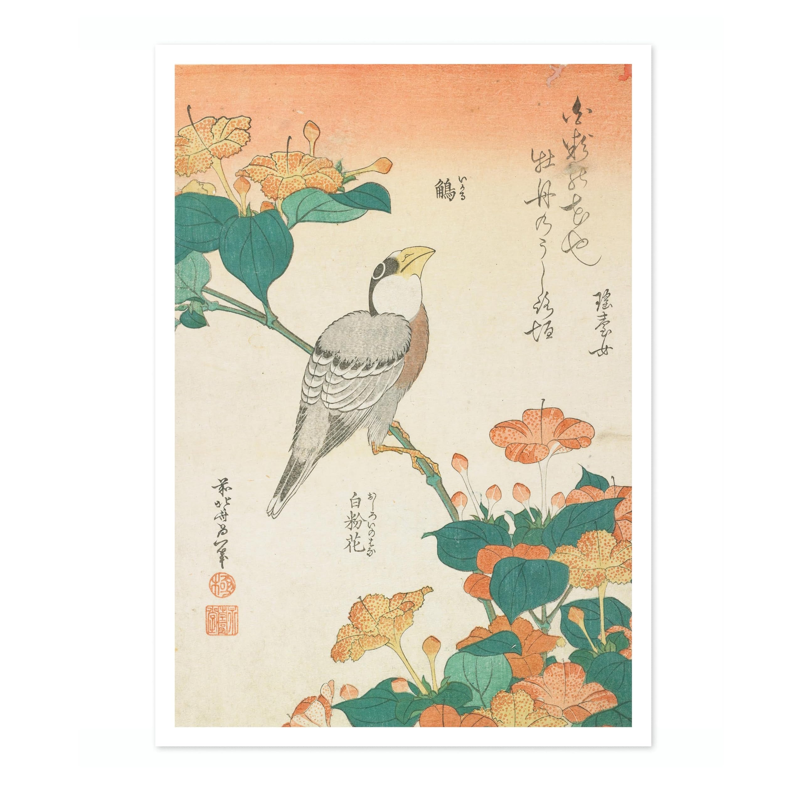 Hawfinch And Marvel-Of-Peru Katsushika Hokusai Poster, Japanese Woodblock Ukiyo-E Print, Vintage Art Picture Painting Wall Art Exhibition, Archival Matte, A1 (Print Only) - 84.1x59.4cm โ image 1
