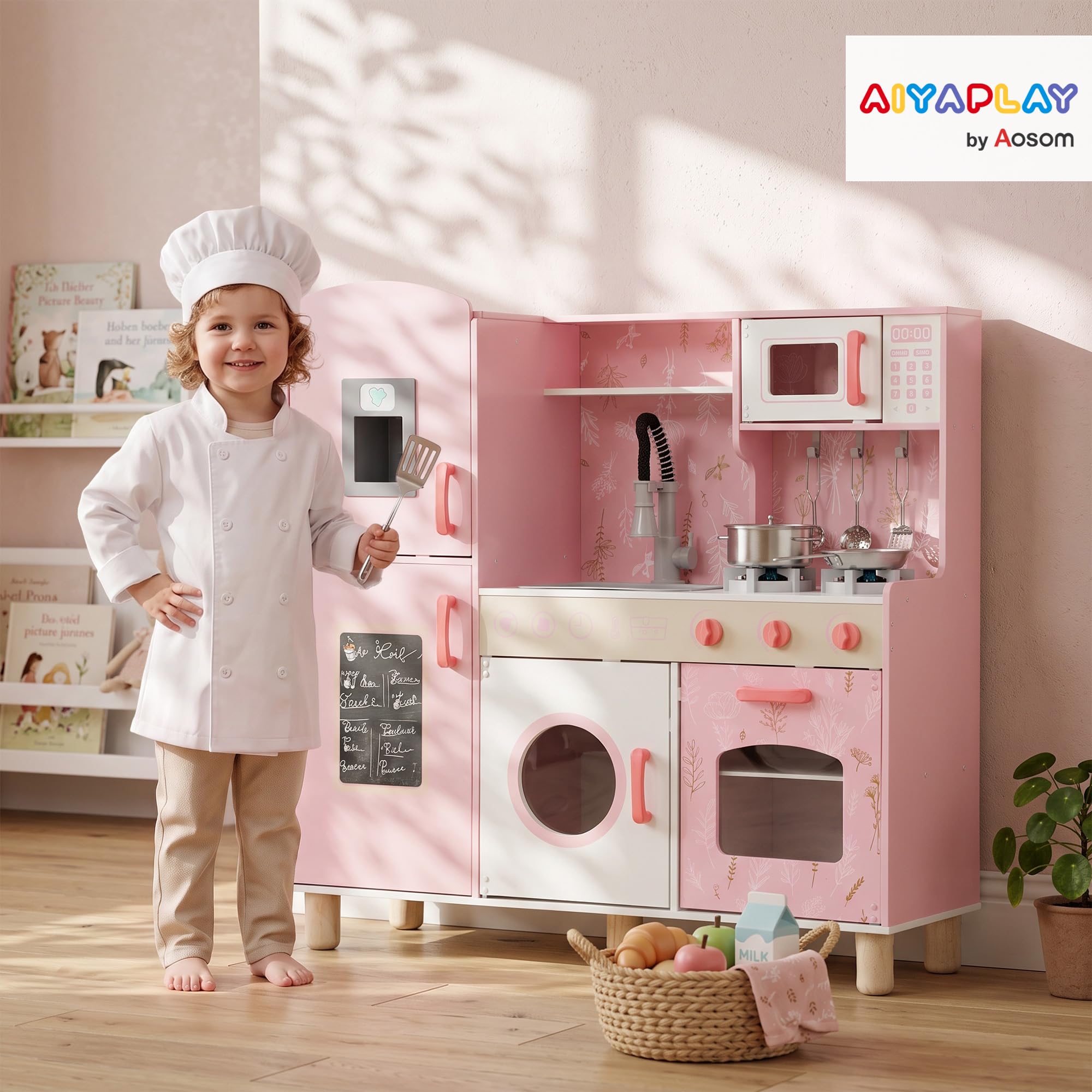 AIYAPLAY Cucina Giocattolo in Legno per Bambini 3+ Anni con Fornelli, Rosa
