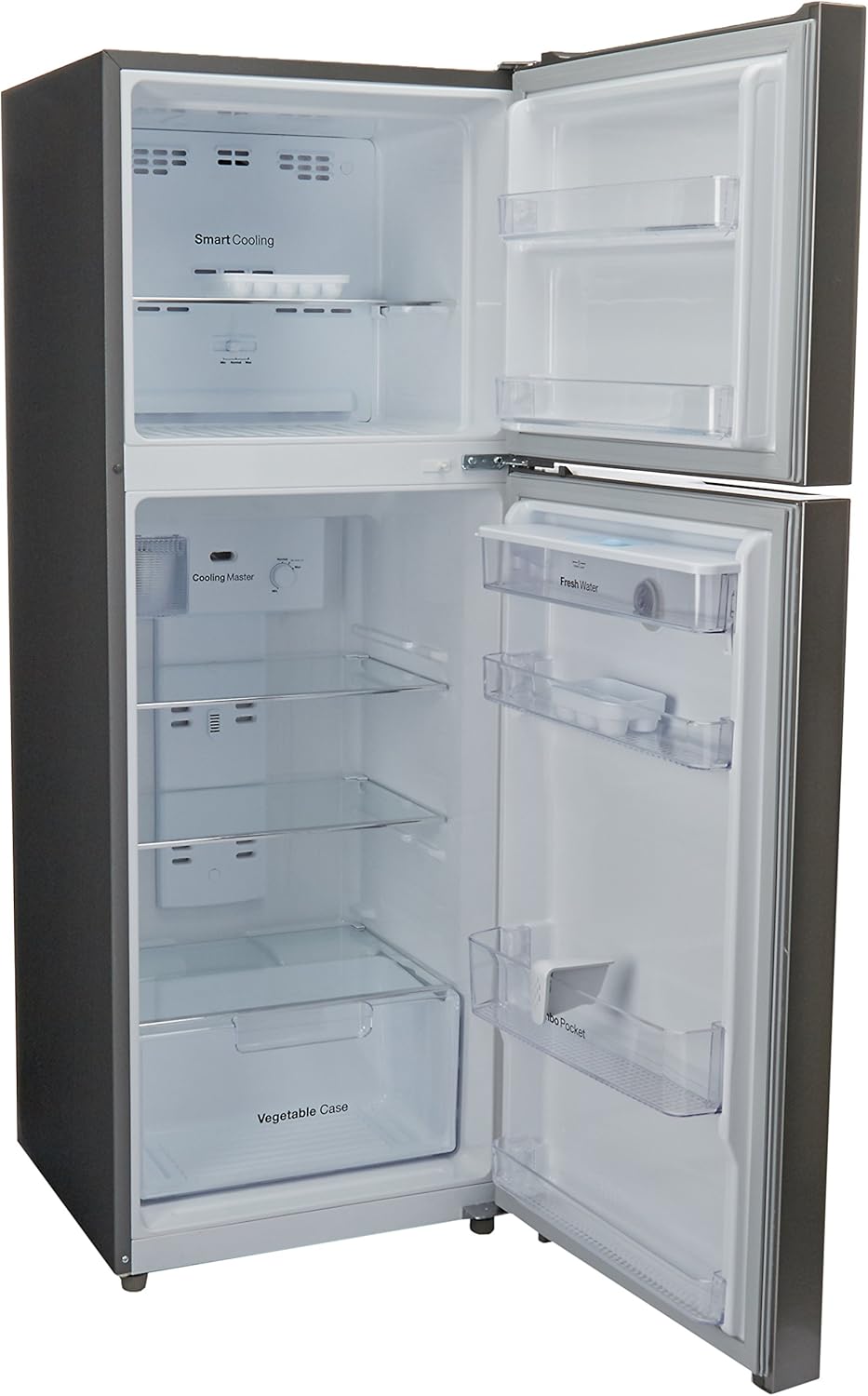 Taobh istigh view of the Daewoo DFR-32210GNP refrigerator, showing the freezer and fresh food compartments with shelves, drawers, and door bins. Labels for 'Smart Cooling', 'Cooling Master', 'Fresh Water', and 'Vegetable Case' are visible.