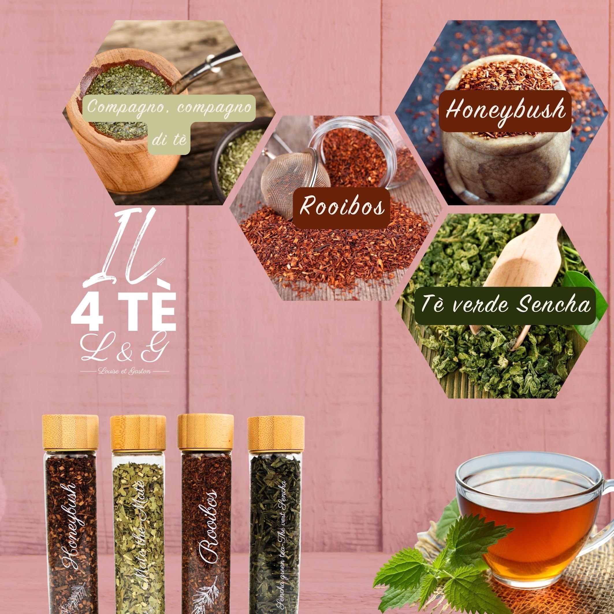 L&G® - Set tè per la preparazione e degustazione - Honeybush, Rooibos, Sancha Green, Maté - Infusori inclusi - Regalo DIY Natale, compleanno - Made in France - Ingredienti e accessori di qualità