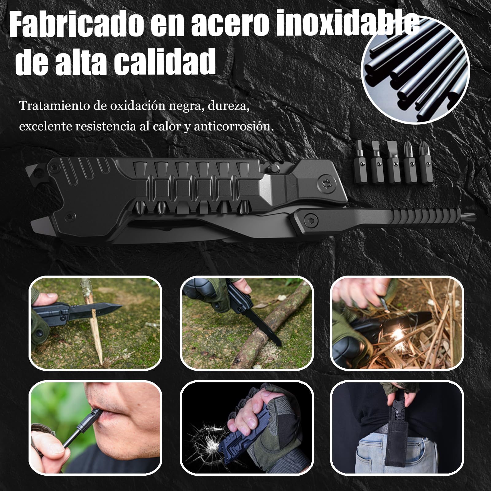 Navaja Multiusos 17en1 Herramientas Multiusos Cuchillo con Palillos para Encender Fuego, Abrelatas, Sierra, Silbato, Regalos para Hombres Mujer Papa