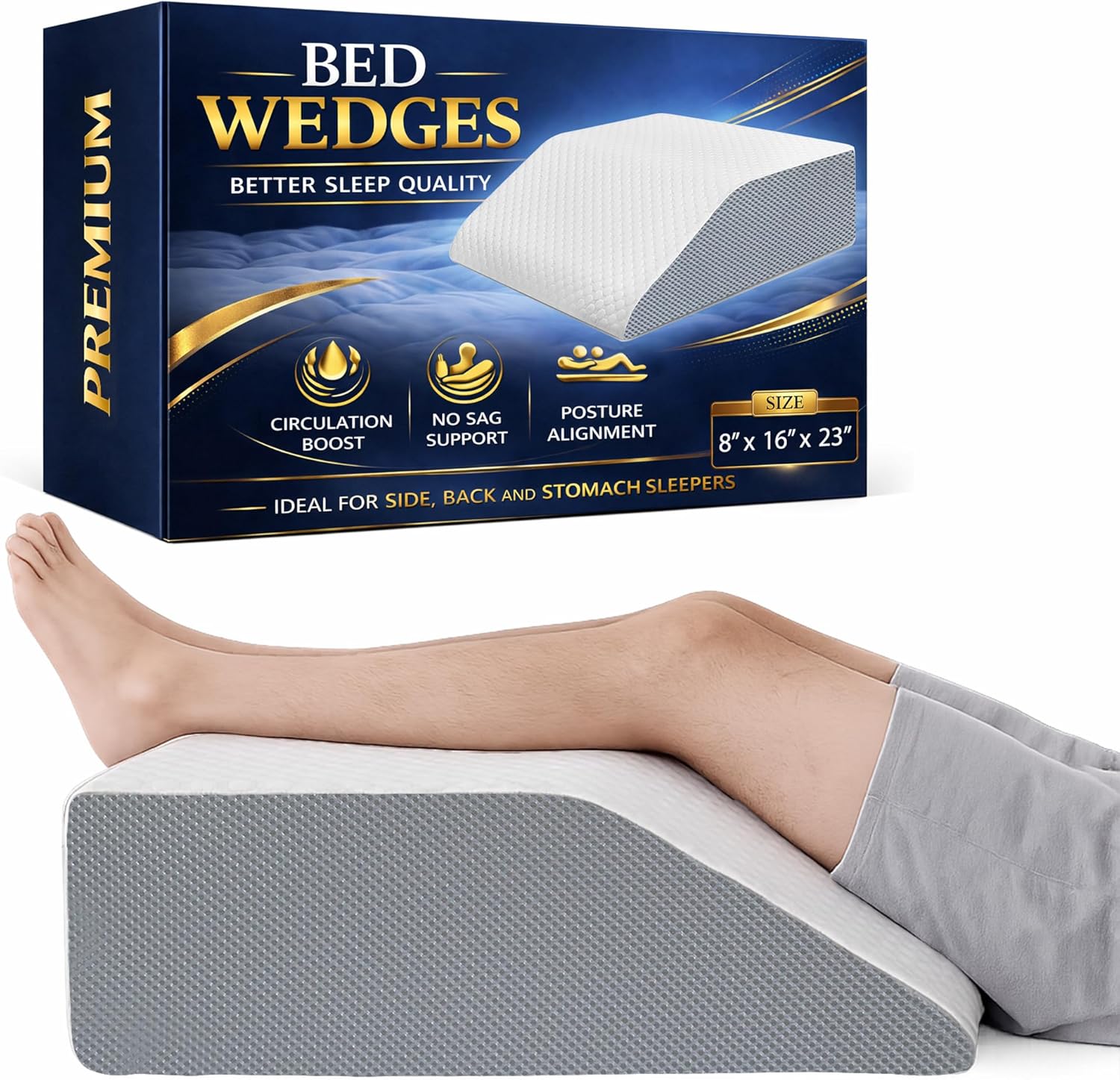 Greaton, Leg Wedge Elevation Pillow for Blood Circulation | Relieved & Recovers Foot and Ankle Injuries | Pillows for Swelling | Multi-Purpose | Chic Jacquard Cover, 8”x16”x23”, White