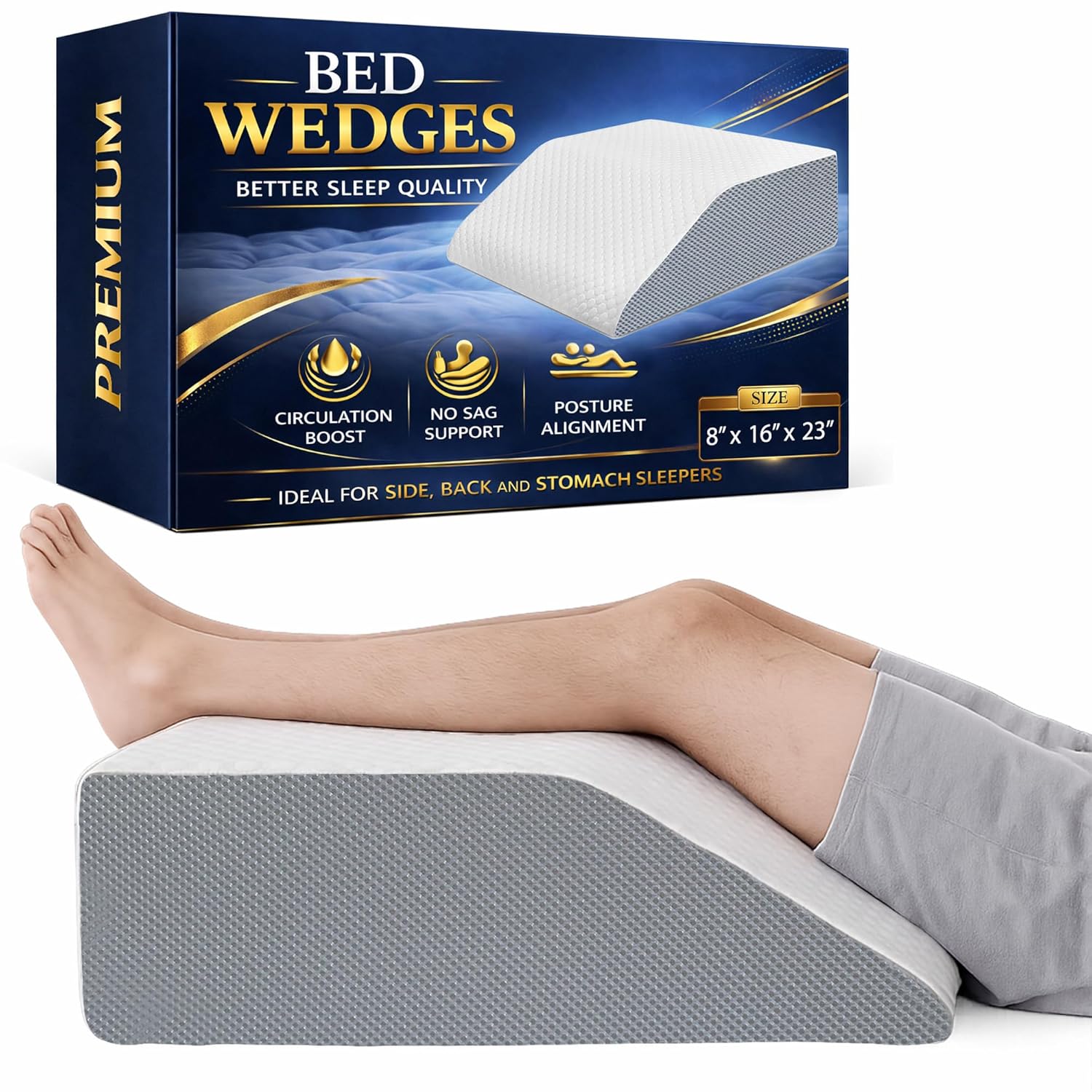 Greaton, Leg Wedge Elevation Pillow for Blood Circulation | Relieved & Recovers Foot and Ankle Injuries | Pillows for Swelling | Multi-Purpose | Chic Jacquard Cover, 8”x16”x23”, White