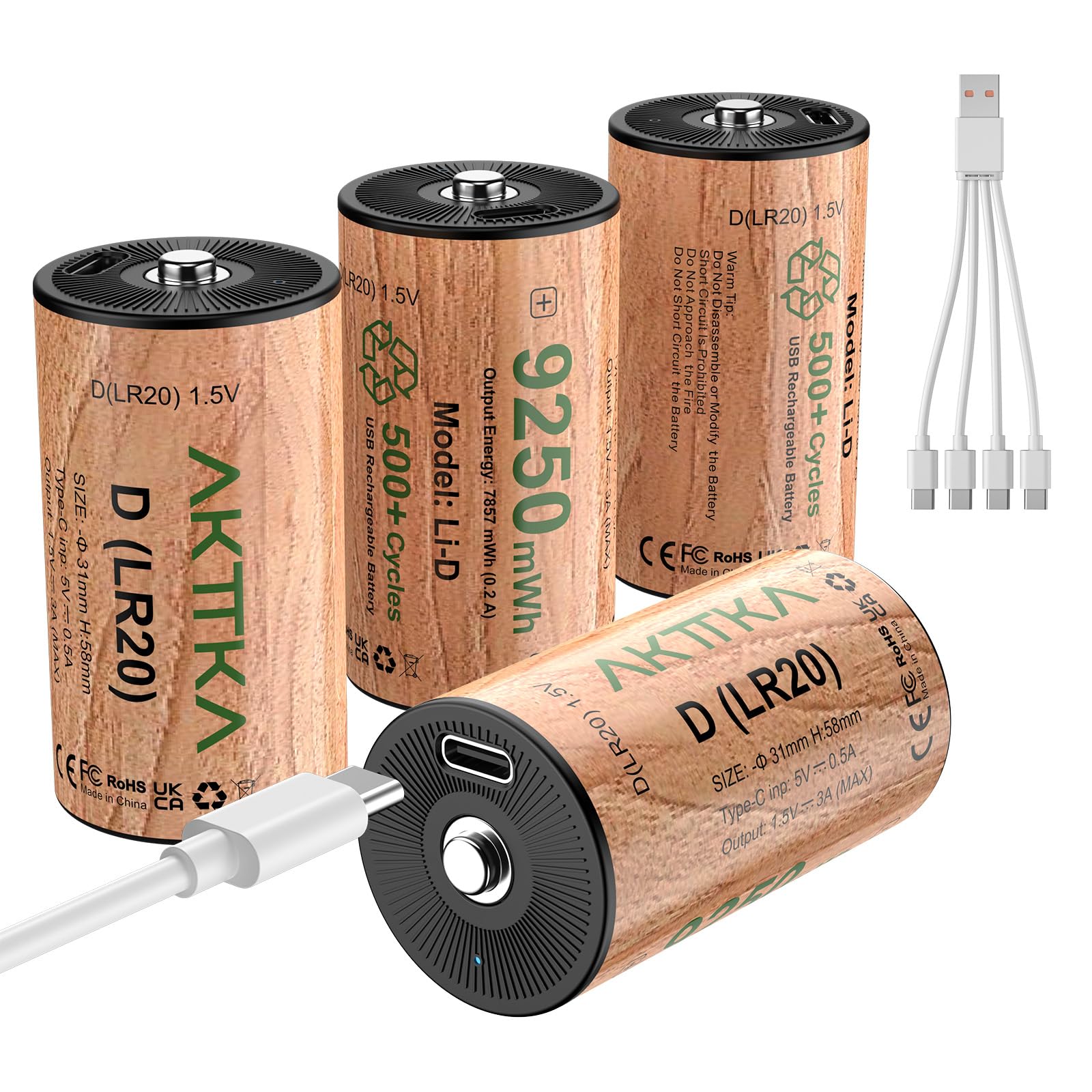 Paquete de 4 Pilas Recargables de Iones de Litio D/LR20 9250 mWh, 1,5 V, Gran D, Incluye Cable USB-C, Ideal para Luces de Camping, Coches de Juguete teledirigidos, Bolsa LED portátil