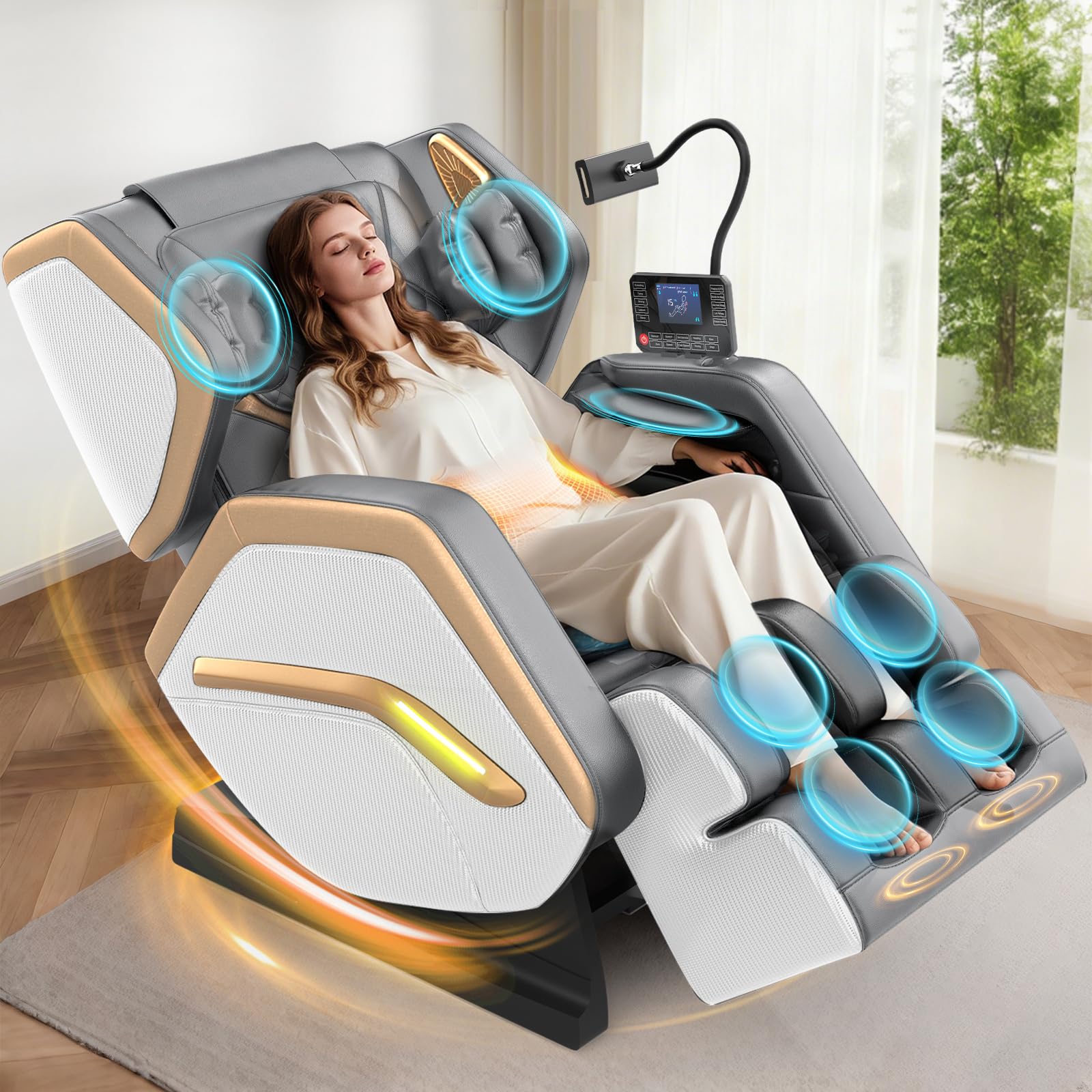 Poltrona massaggiante, Poltrona massaggiante per tutto il corpo, 14 rulli massaggianti, riscaldamento schiena e gambe, massaggio piedi, 8 airbag, altoparlanti Bluetooth, telecomando touch per