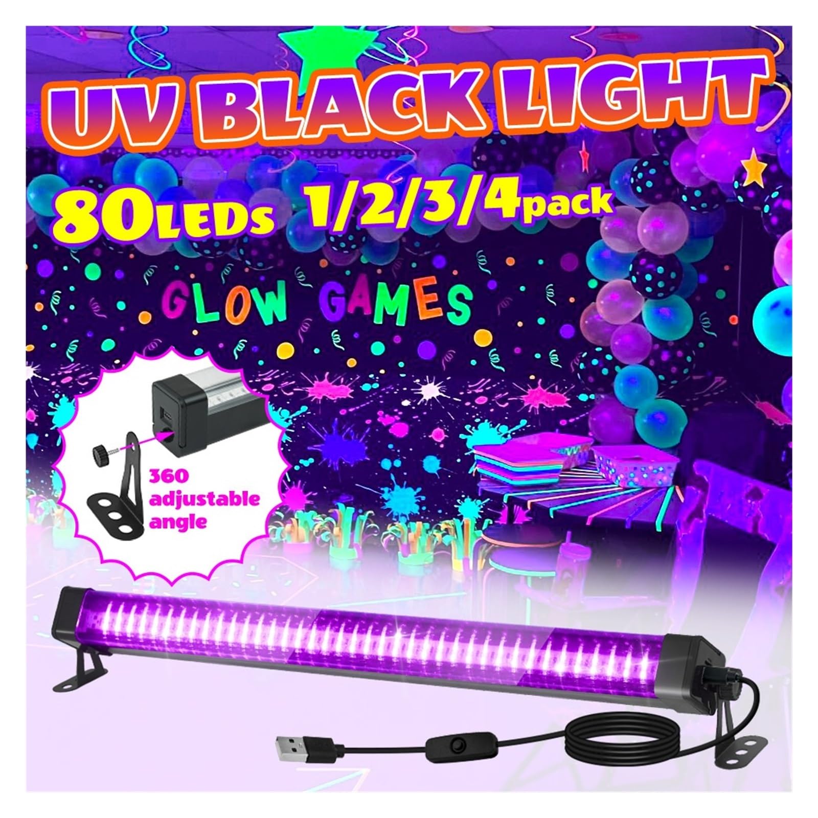 Tubo de luz negra LED 80 luces - Con interruptor, rotación 360 ​​grados, lámpara UV for fiestas fluorescentes, arte corporal, Halloween y Navidad, Multiuso confiable(80LEDs-3P)