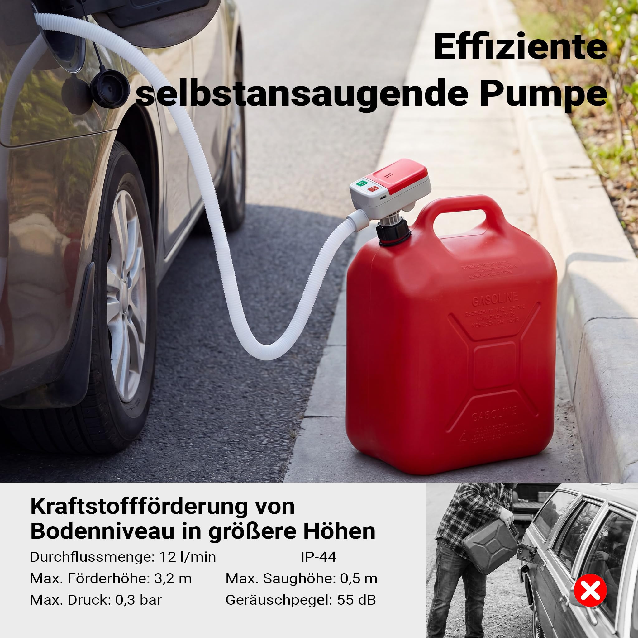 Wiltec batteriebetriebene Transferpumpe Auto USB ca. 12 l/min Förderleistung, Kraftstoffpumpe für Benzin, Diesel, Öl und Wasser, Umfüllpumpe mit Autostopp, Adapter und LED Anzeige