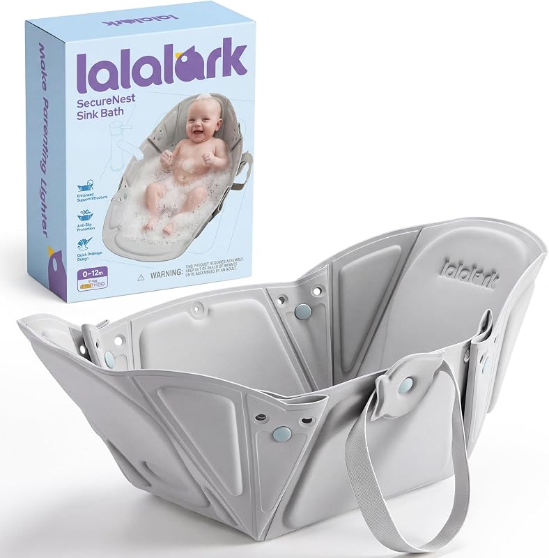 lalalark Foldable Baby Bathtub for Sink, Non-Slip Baby Sink Bath Support with 4-Hole Quick Drain, Slim Fold Design, Portable Sink Bather for Baby, Infant Bath for 0–6 Months