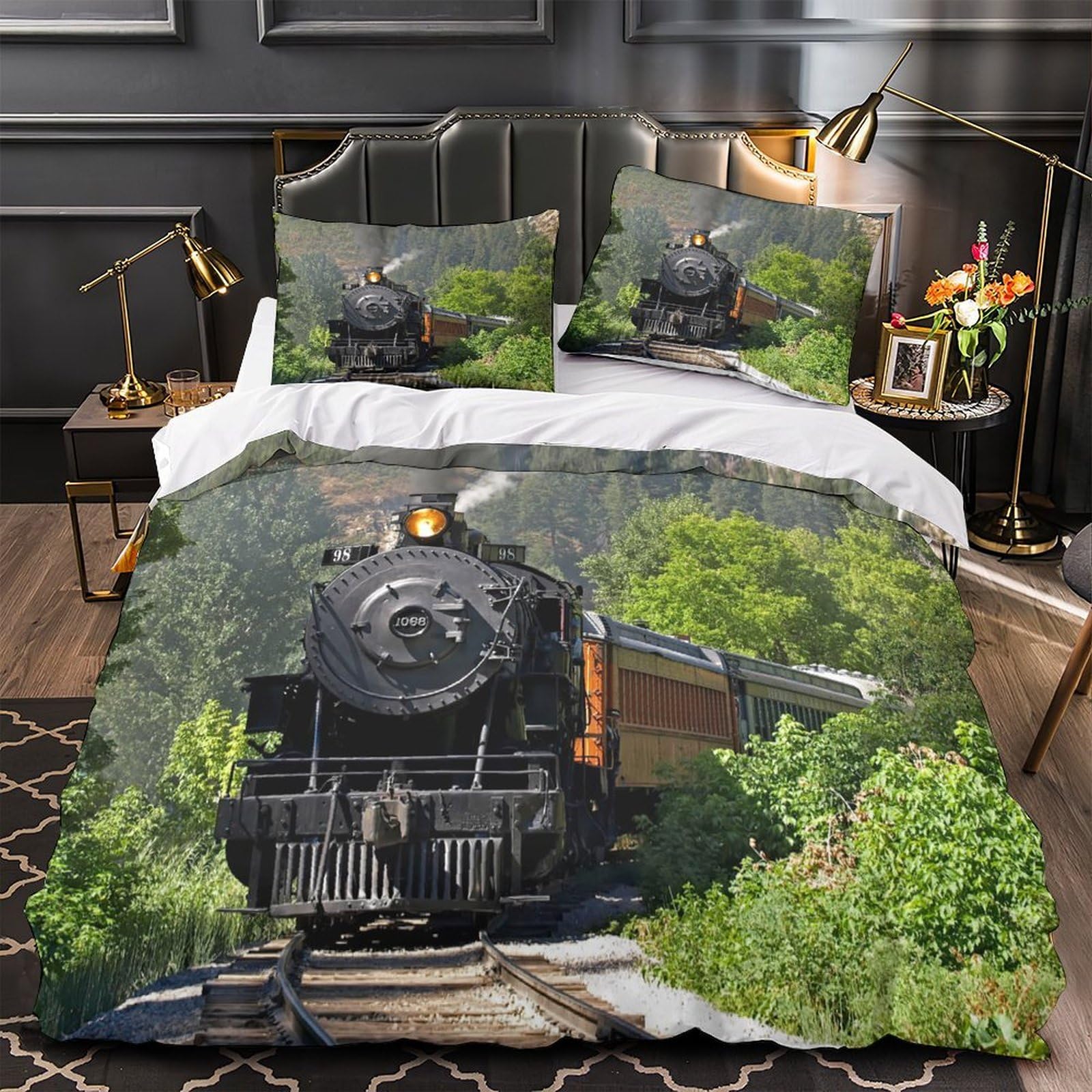 Housse de couette train vintage 260x220 cm en microfibre avec 2 taies