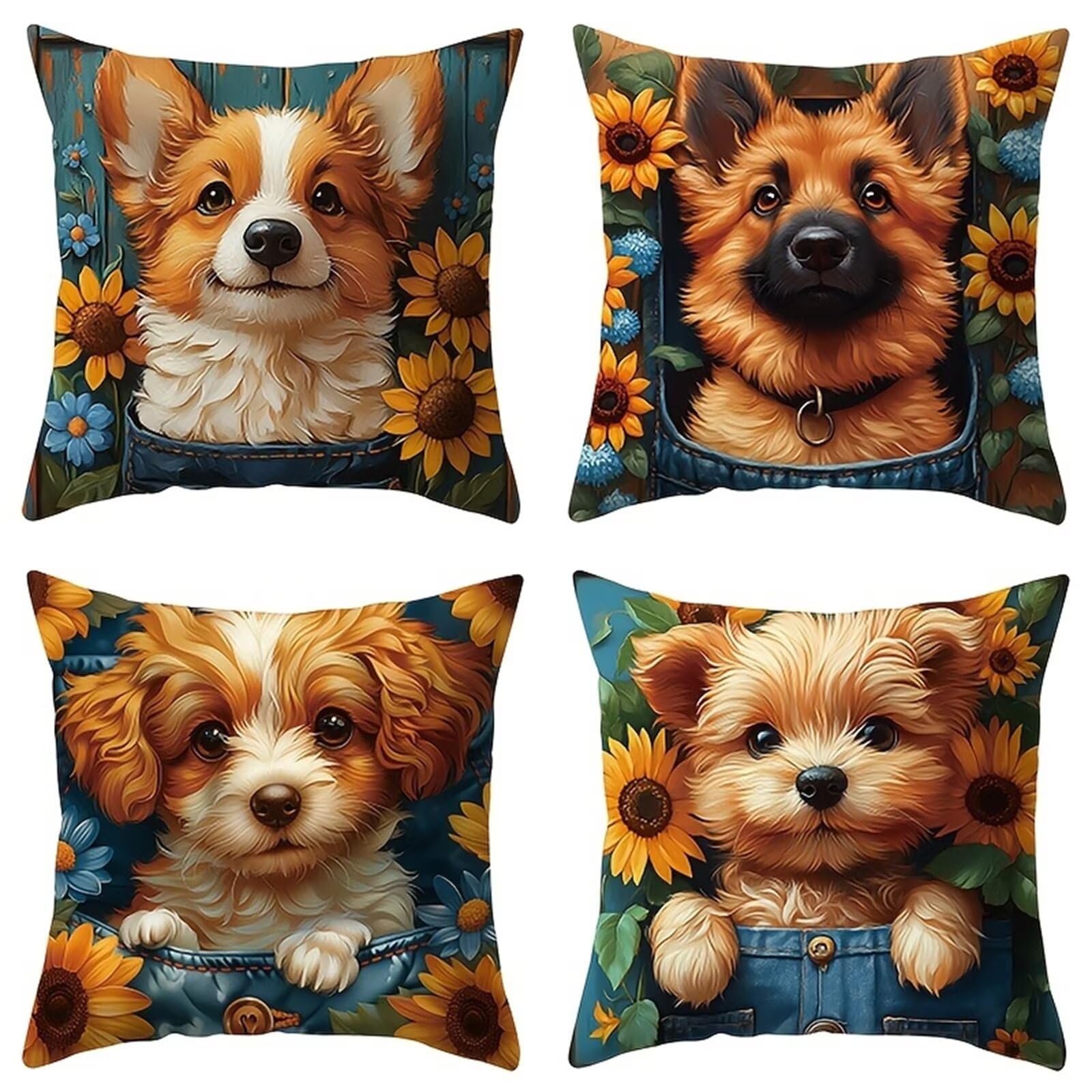 Fundas de Cojines 60x60 cm, Juego de 4 Fundas para Cojines Decorativas de Lino, Animales Perros, Fundas de Almohada para Sofá, Silla y Decoración de Interiores
