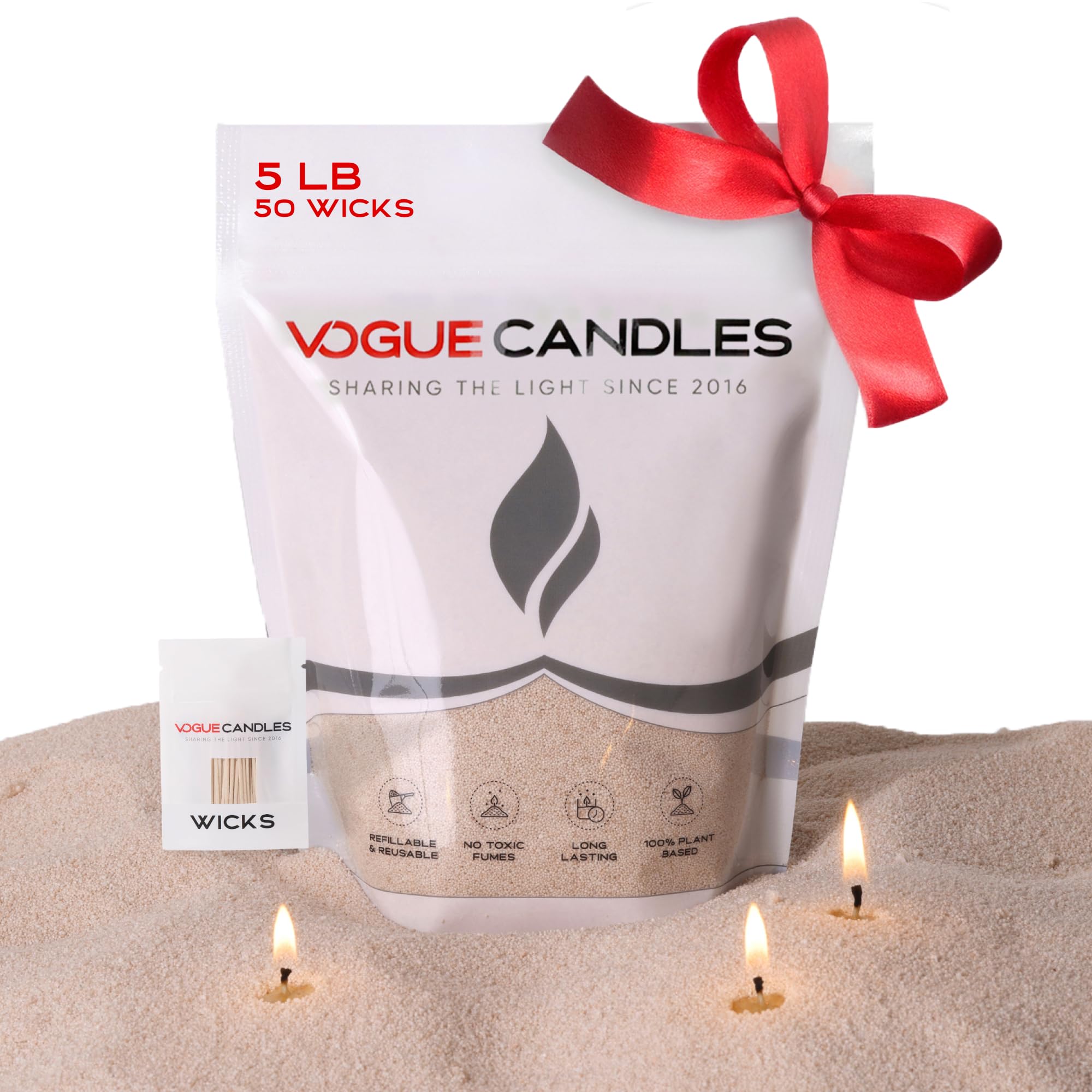 Velas Vogue de 2,2 kg (5 lb) de arena para velas con 50 mechas, gránulos vegetales rellenables a granel para crear velas personalizadas, sin aroma, de combustión limpia, sin humo, veganas, color piel