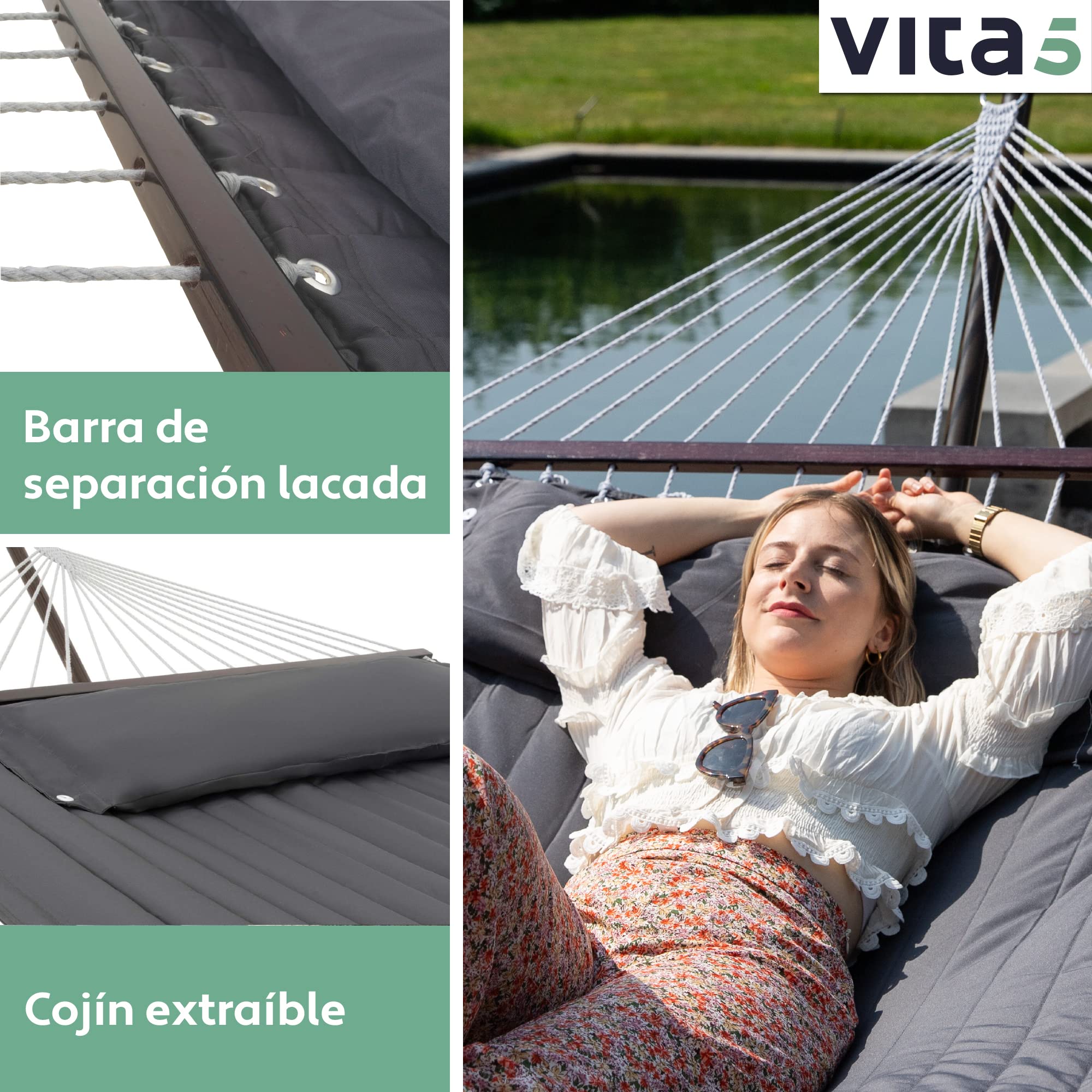 Hamaca De Jardín Vita5 Con Soporte - Doble (200 Kg), Acero Resistente Y Mesita Auxiliar