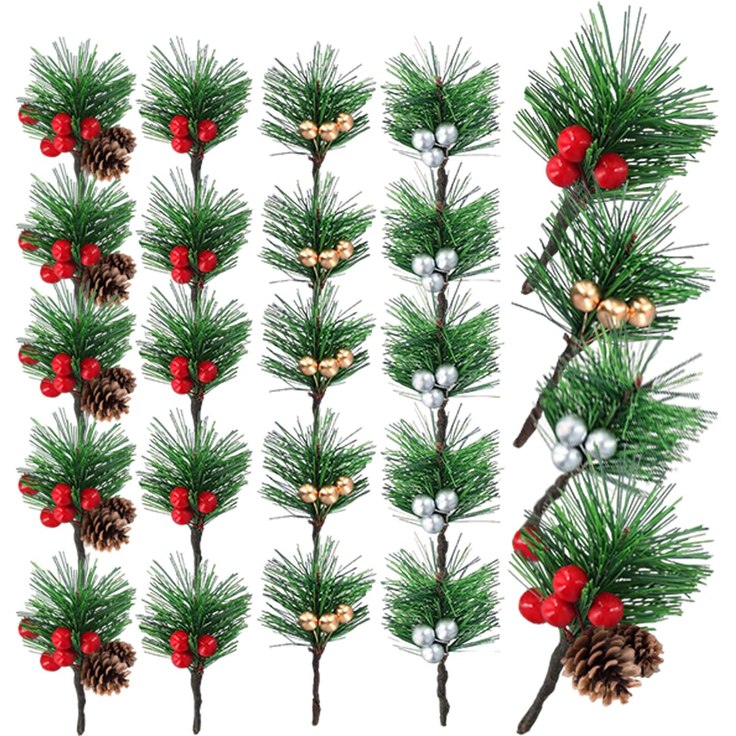 Rxkfigx Green, Red 20 Pcs Artificial Pine Picks Christmas Pine Needles With Red Berries Pines Cones, Christmas Pines Needles Holly Berry Stems Decor For Craft,Garden,Xmas Flower Arrangements Wreaths Decor