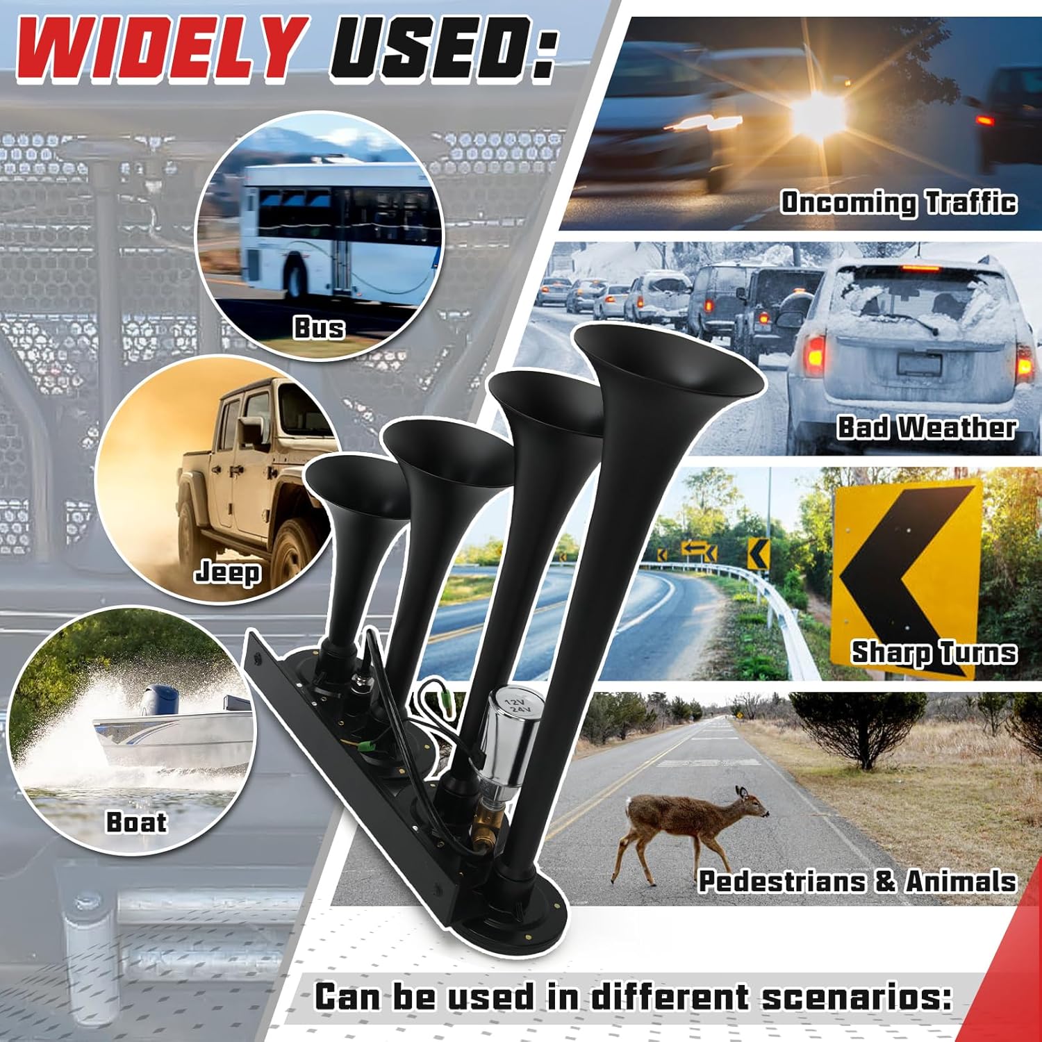 PTNHZ Single Row 4 Trumpet Air Horns Kit w/Electric Solenoid & Mounting Hardware 12V/24V Super Loud 178dB Universal for Pickup Car Jeep SUV Train Boat(Black)