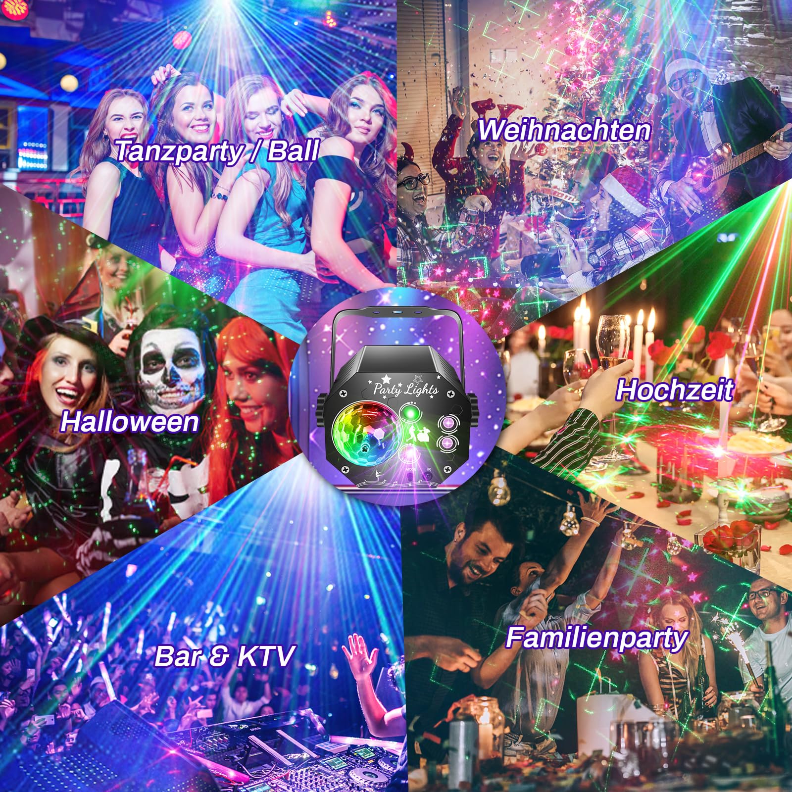 Nauotk 5 in 1 Discolicht Partylicht, Musikgesteuert Disco Licht mit Fernbedienung, 360° Drehung Discokugel licht mit Stroboskop, UV Schwarzlicht, Sprachsteuerte DJ Partylichter