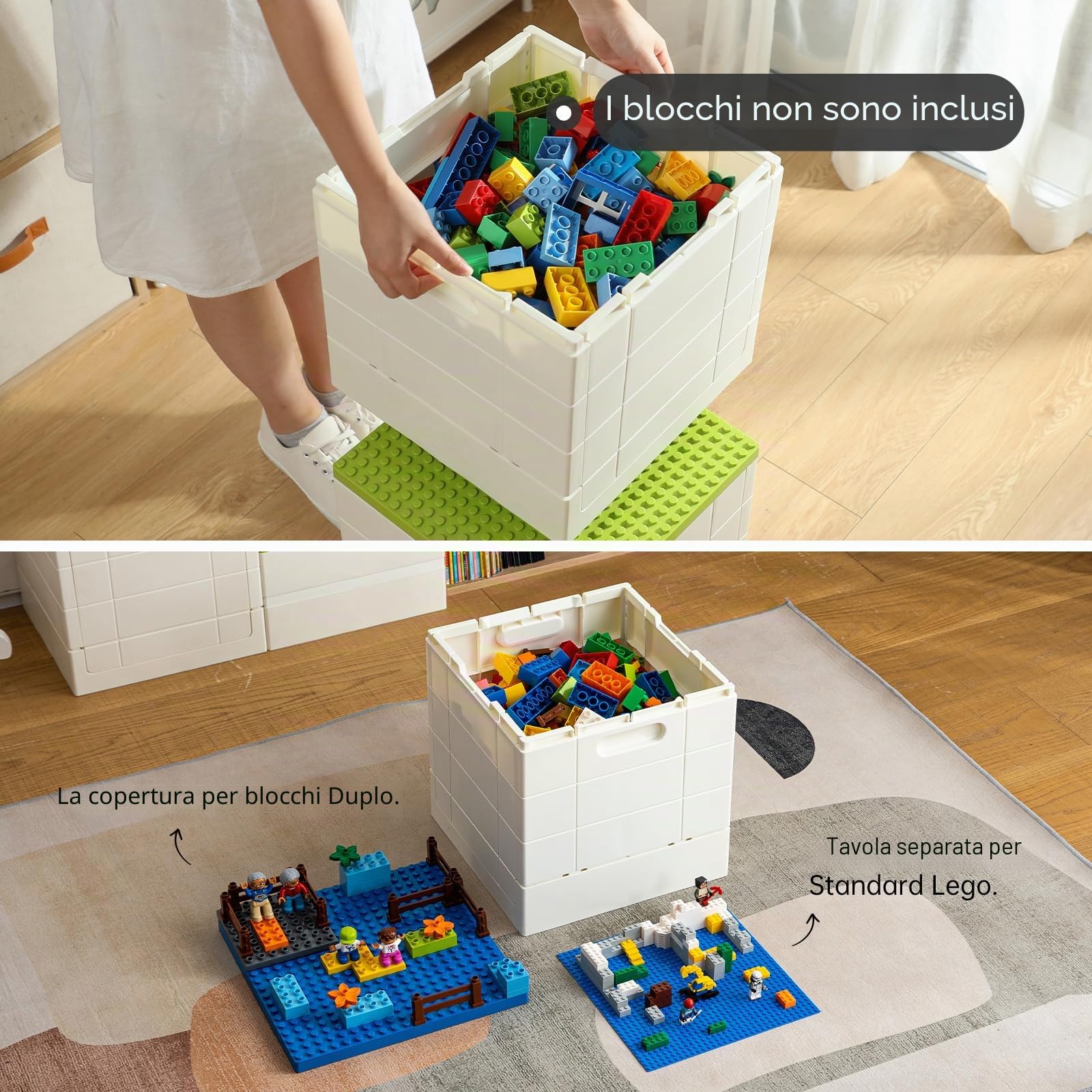 SHIMOYAMA Scatola pieghevole per la conservazione con coperchio a piastre di base per blocchi Duplo, 26Qt. Contenitori impilabili, 25L contenitore multiuso pieghevole per mattoncini Lego Duplo (Blu)