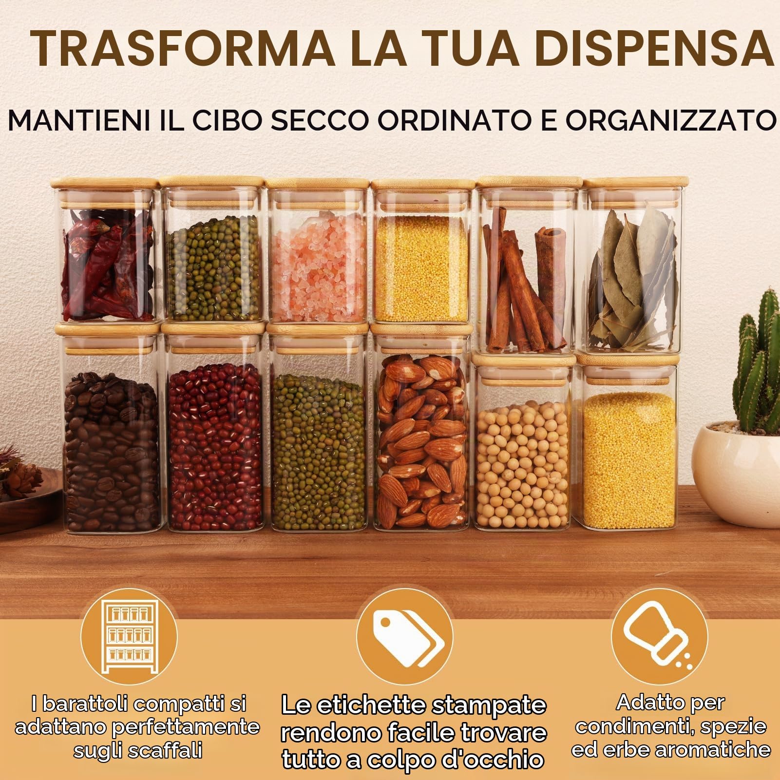 Cinnani Barattoli Spezie Vetro Quadrati, 12pcs x 300ml Barattolini porta Spezie Vetro con Coperchi in Bambù, Barattoli Spezie per Cucina Ermetici, Trasparente Vasetti Spezie con Etichette