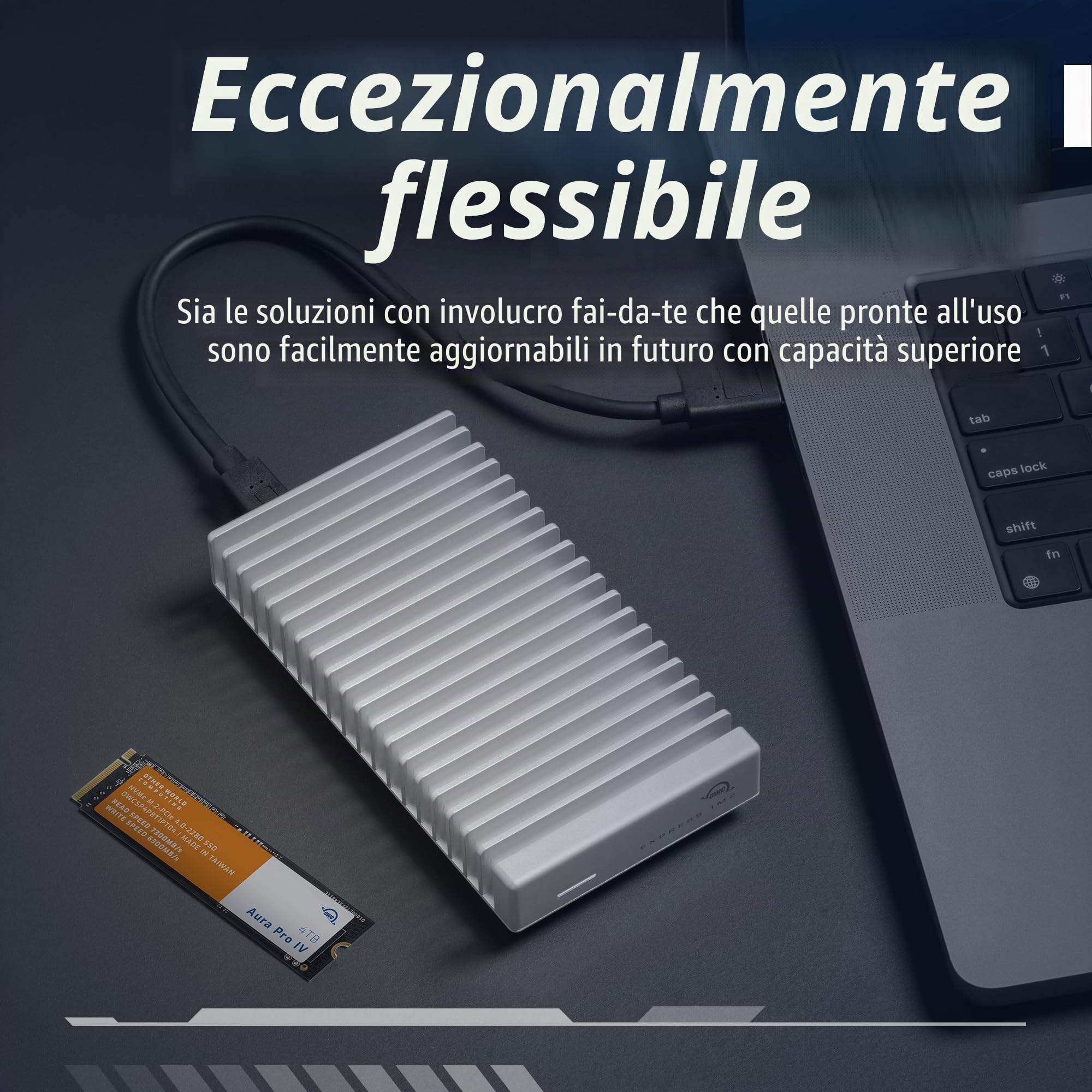 OWC Express 1M2 Enclosure USB4 80Gb/s per SSD NVMe M.2 2280/2242 – Case Esterno Ultra Veloce in Alluminio, Compatibile Thunderbolt, Mac/PC/iPad, Fai-da-te, Dissipazione Passiva