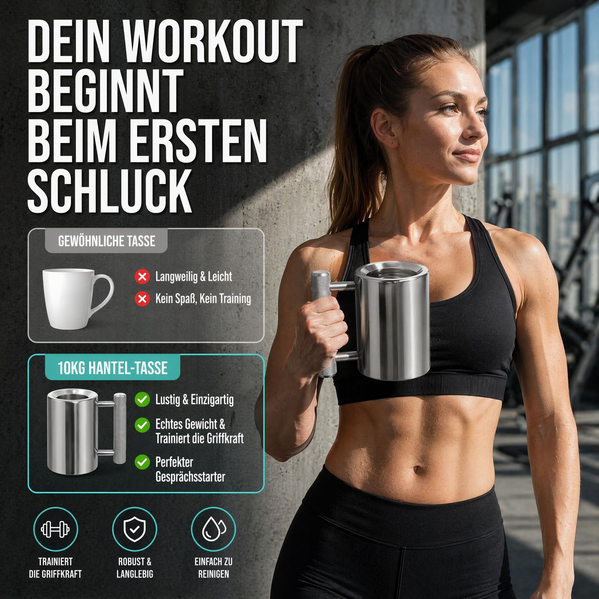 Edelstahl Tasse Schwerer Becher 10 kg, Kurzhantel Kaffeetasse aus Edelstahl 304, Hantel Wasserbecher 400ml, Fitness Sport Wasserbecher für Gym Workout, Lustiger Kaffeebecher Geschenk, Silber