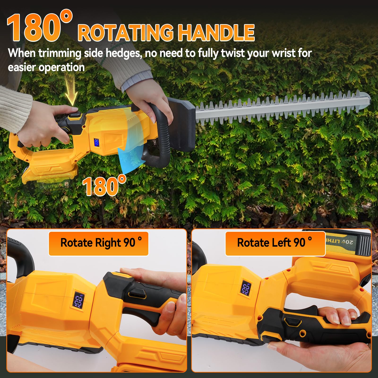 Cortasetos de 52 cm de Largo, Compatible con baterías Dewalt de 18 V, Motor sin escobillas, Cortasetos eléctrico, Distancia Entre Dientes de 15 mm, Cabezal Giratorio de 180° (sin batería) (Amarillo)