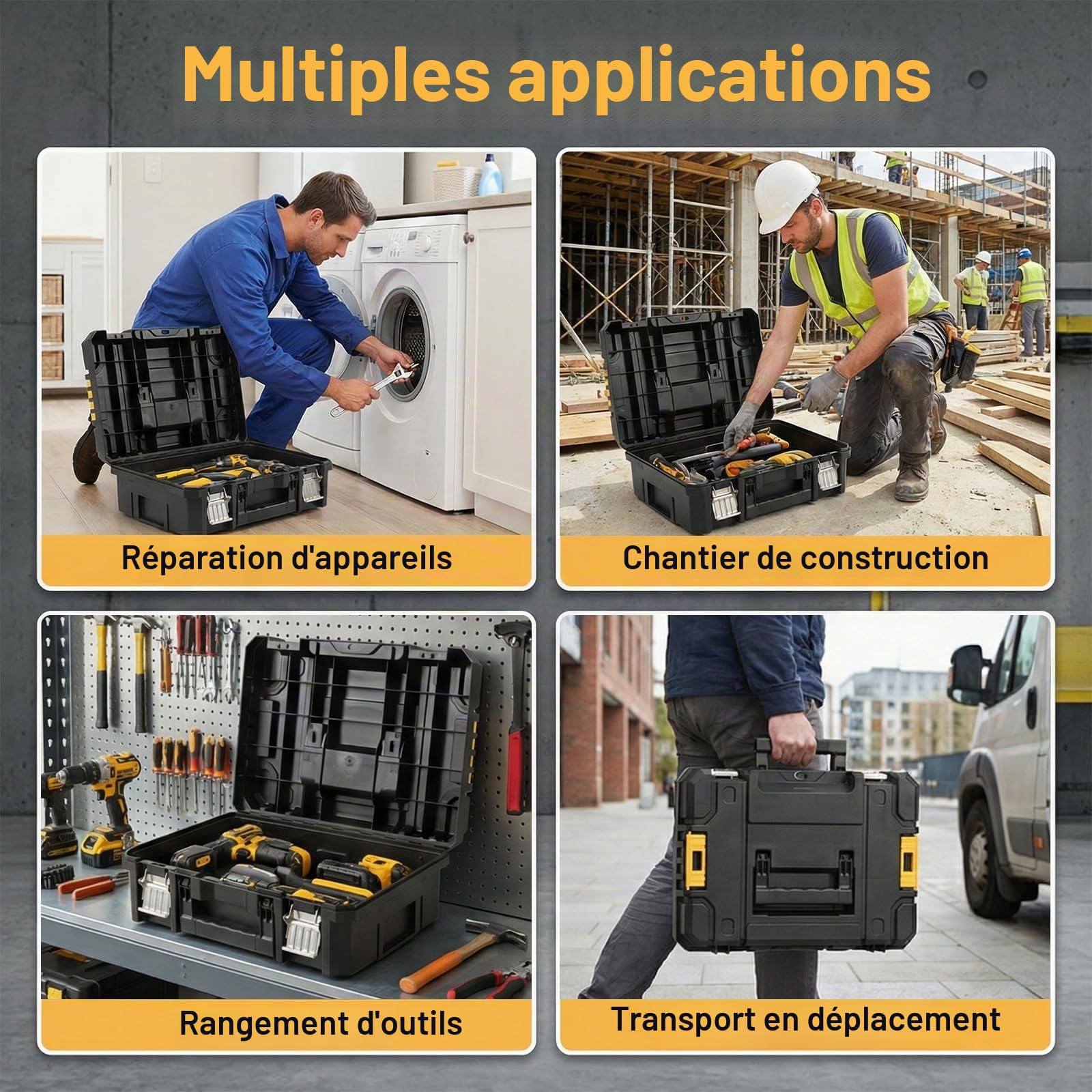Chariot à Outils Modulaire 4-en-1, Système d'Empilage Robuste avec Roulettes (2 Freins), Tiroirs et Fermetures Métal, Idéal pour Garage, Chantier et Maison, 44,5 x 35 x 52 cm