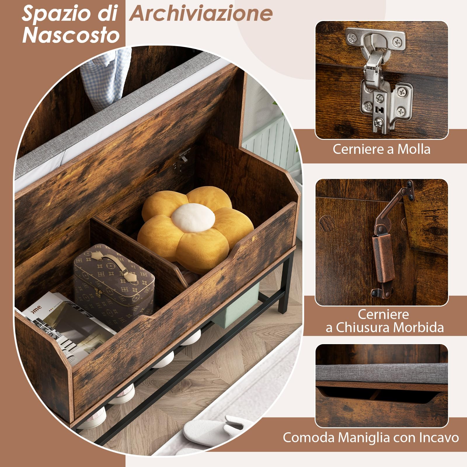 Appendiabiti Autoportante 4 In 1 RELAX4LIFE 170 Cm - Con Seduta E Cuscino, Ripiano Per Scarpe, Ganci, Colore Marrone