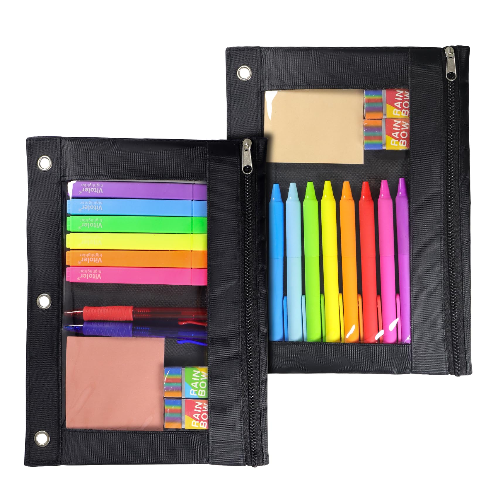 VITOLERPencil Pouch,Fabric Pencil Pouch with 3 Binder Holes,2pcs Clear Window Zipper Pouch for School Classroom Organizers(Black&Black)