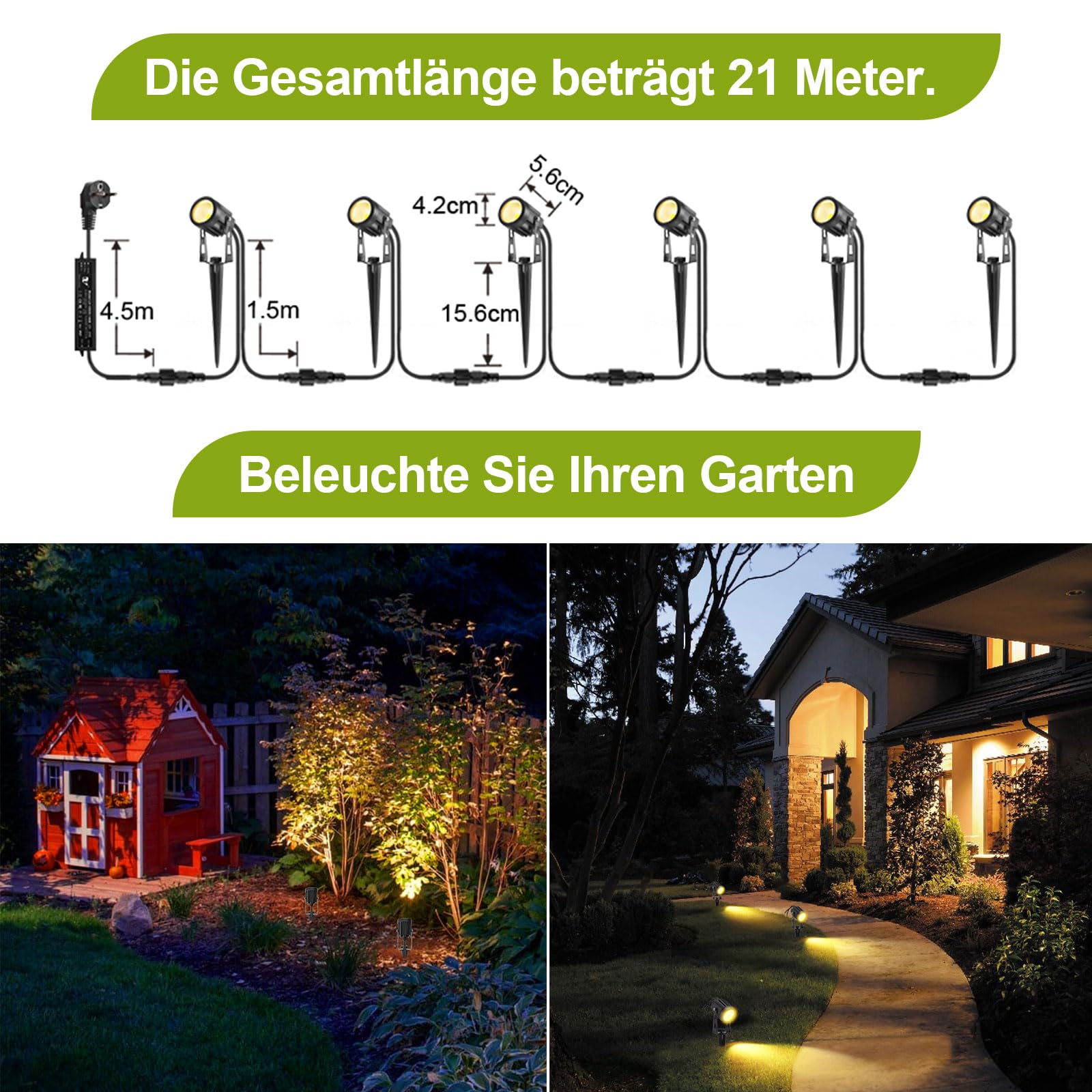 B-right Focos Led Exterior, 21m LED Focos jardín con Estaca, Luz de Jardín Exterior Blanco Cálido, Luces Exterior Jardin IP65 Impermeable, Focos de Jardín al Iluminación de Caminos para Césped, Patios