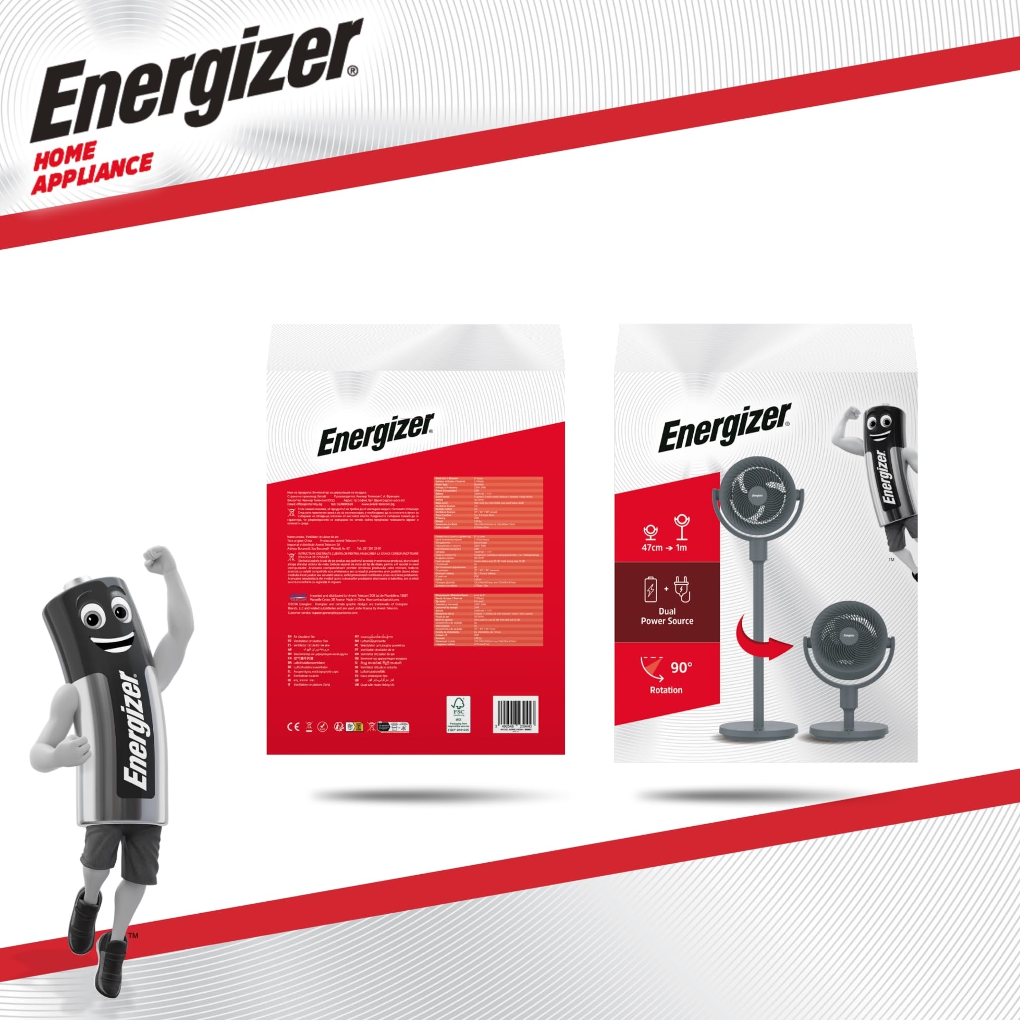 Energizer Ventilatore a Piantana Silenzioso 35 dB, 1017 m³/h, 9 Velocità, Oscillazione 90°, Portatile Ricaricabile 2400 mAh, Altezza 100 cm, Cavo USB Incluso, Per Ufficio e Camera, Grigio