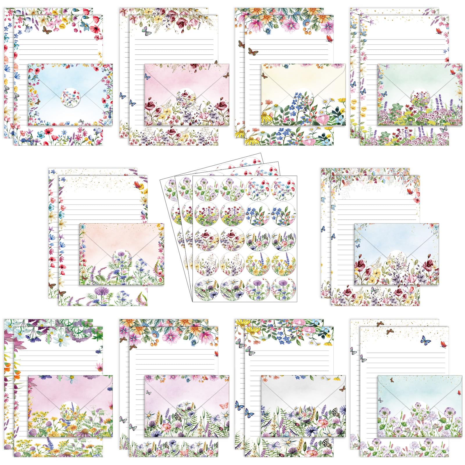 TaoBary 160 Packs Stationery Paper Set (50 Double Sided Stationery Writing Papers 50 Matching Envelopes) 60 Round Dot Sticker, 10 Design(Wildflower,8.5 x 11 Inch)