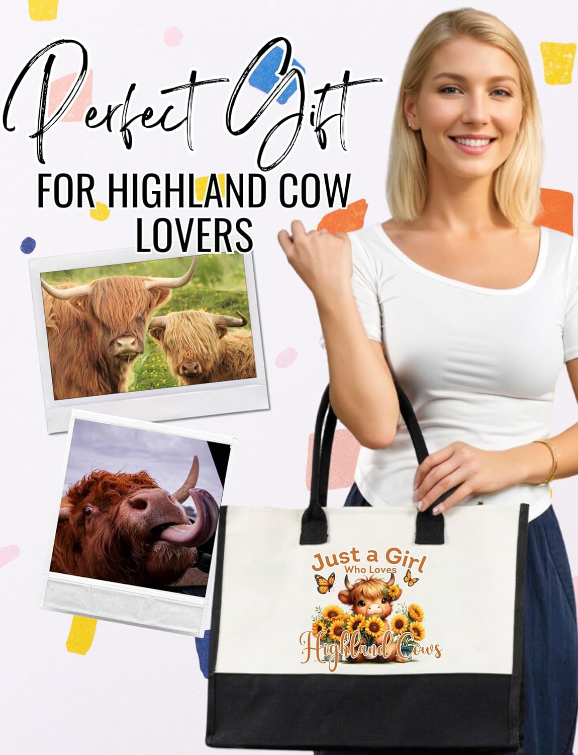 InnoBeta Highland Cow Gifts for Women Canvas Tote Bag with Top Zipper Closure and Shoulder Strap