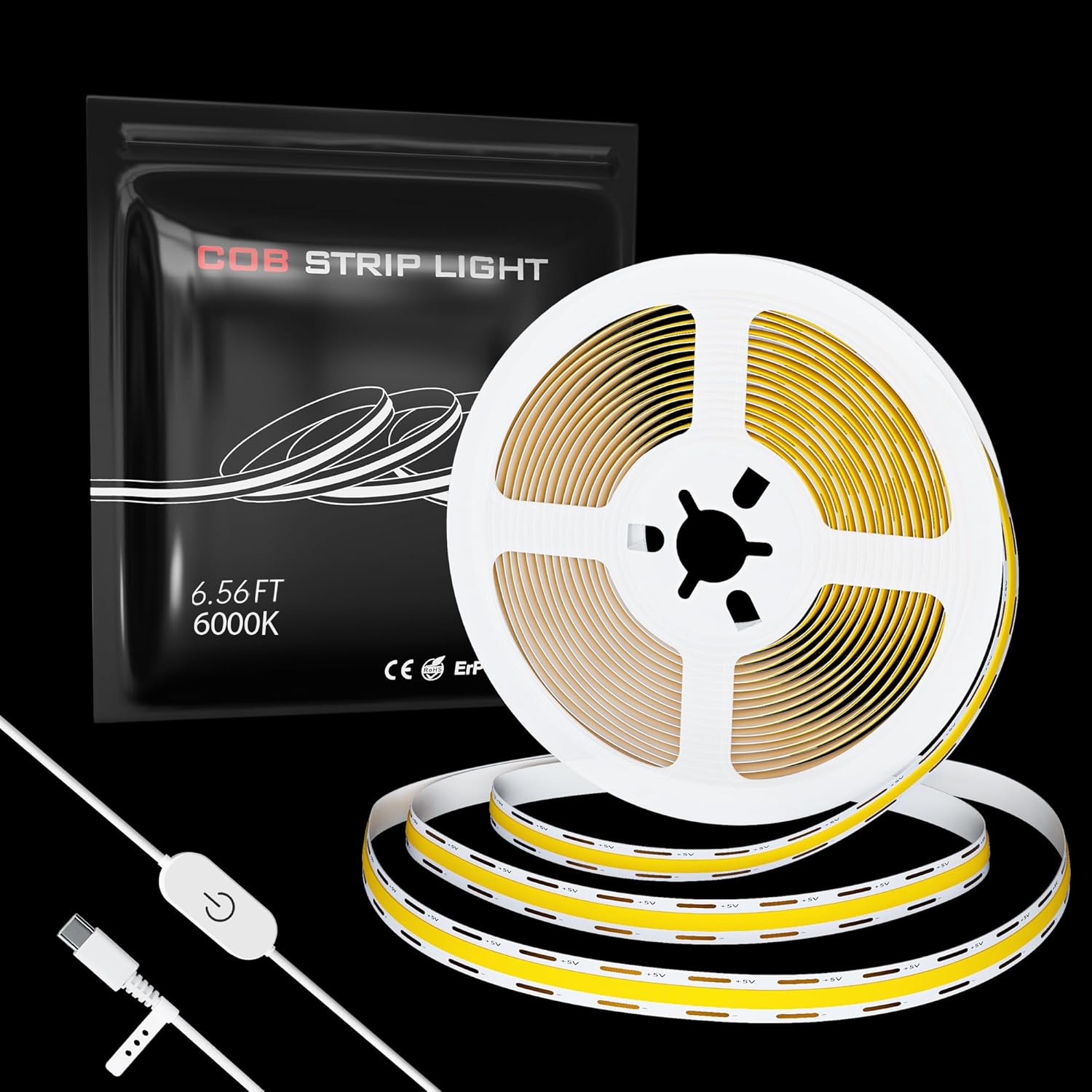 CtrlCV COB USB-C 5V LED Light Strip White Light, 6.56ft COB Light Strip Touch Switch Adjustable Bright for Home Decoration Living Room Cabinet Bedroom Mirror (No Adapter) (6000K, 6.56ft)