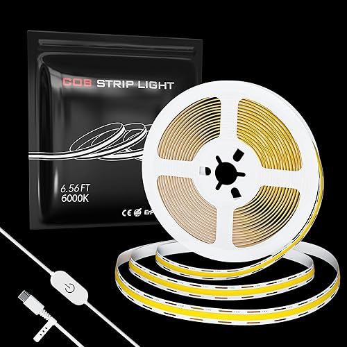 Miniatura 7 de CtrlCV COB - Tira de luz LED USB-C de 5 V, luz cálida, tira de luz COB de 6.56 pies, interruptor táctil ajustable brillante para decoración del