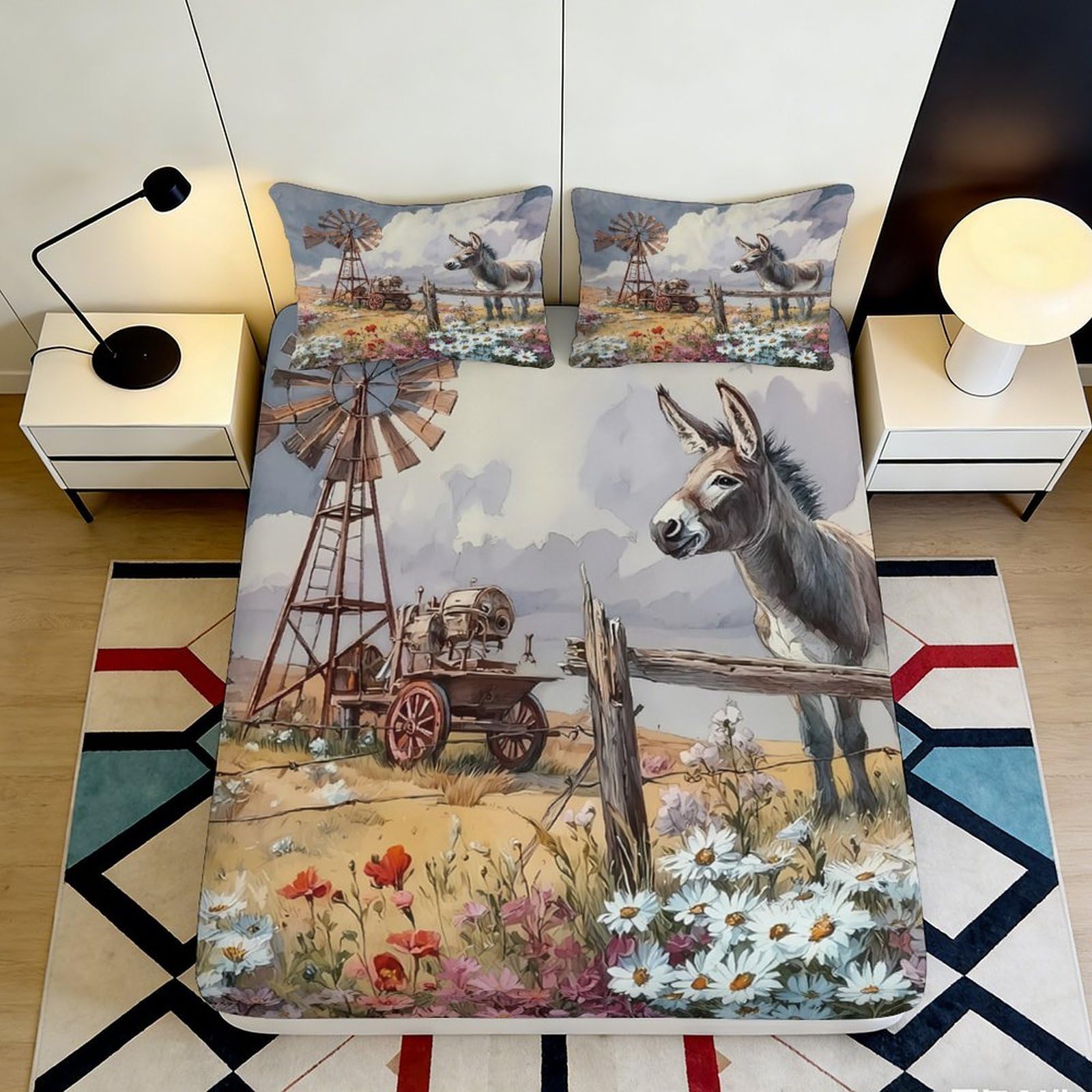 3D Printed Donkey and Windmill Fitted Sheet Microfiber Soft Breathable Countryside Flowers Bed Cover for Bedroom Dormitory Guest Room Mattress Protection 90x200x25cm
