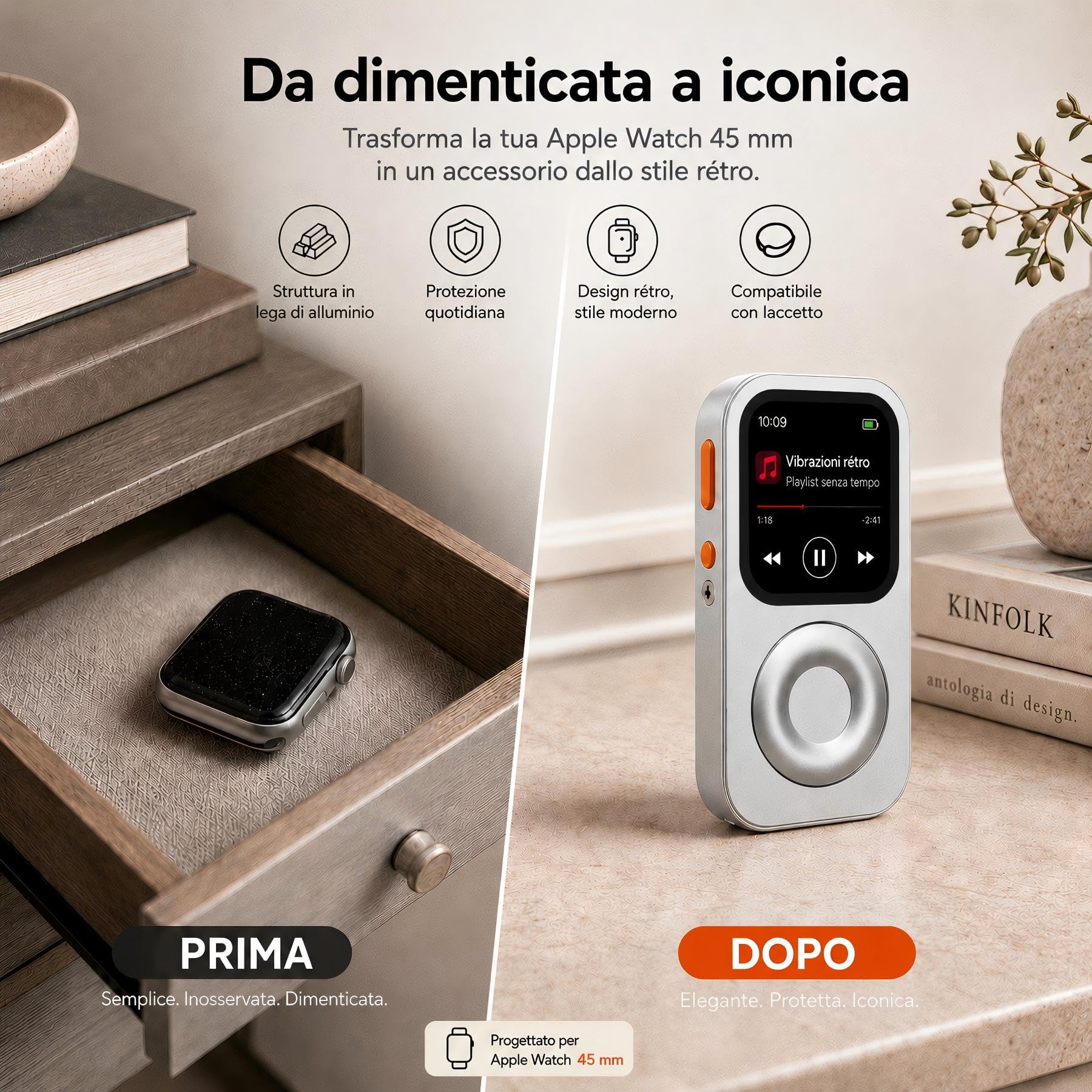 Custodia Protettiva in Lega di Alluminio Stile Retro iPod per Apple Watch Series 7/8/9 Quadrante grande, con Rotella di Scorrimento, Kit Music Player Compatibile con AirPods, per iWatch 45 mm