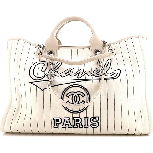 Chanel, Pre-Loved Deauville Tote Pinstripe Cotton Medium, Neutral
