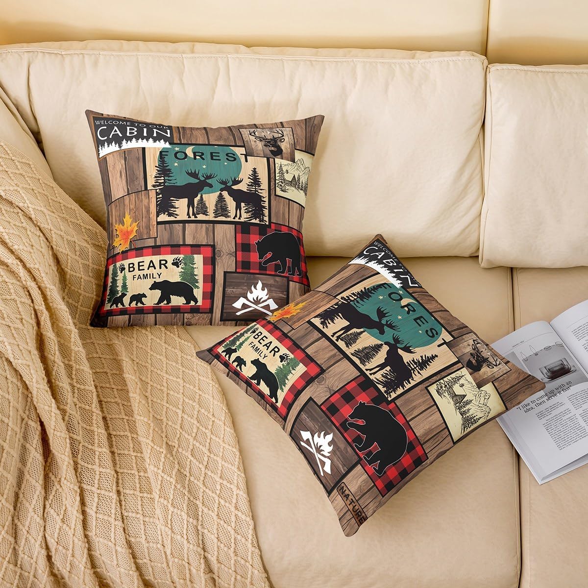 Pack of 4 Retro Cabin Throw Pillow Covers 16x16 Inch, Rustic Adventure Bear Deer Rug, Hunting Wild Animal Cushion Covers, Plaid Lodge Farmhouse Western Country Black Red Lattice Brown Cushion Cases